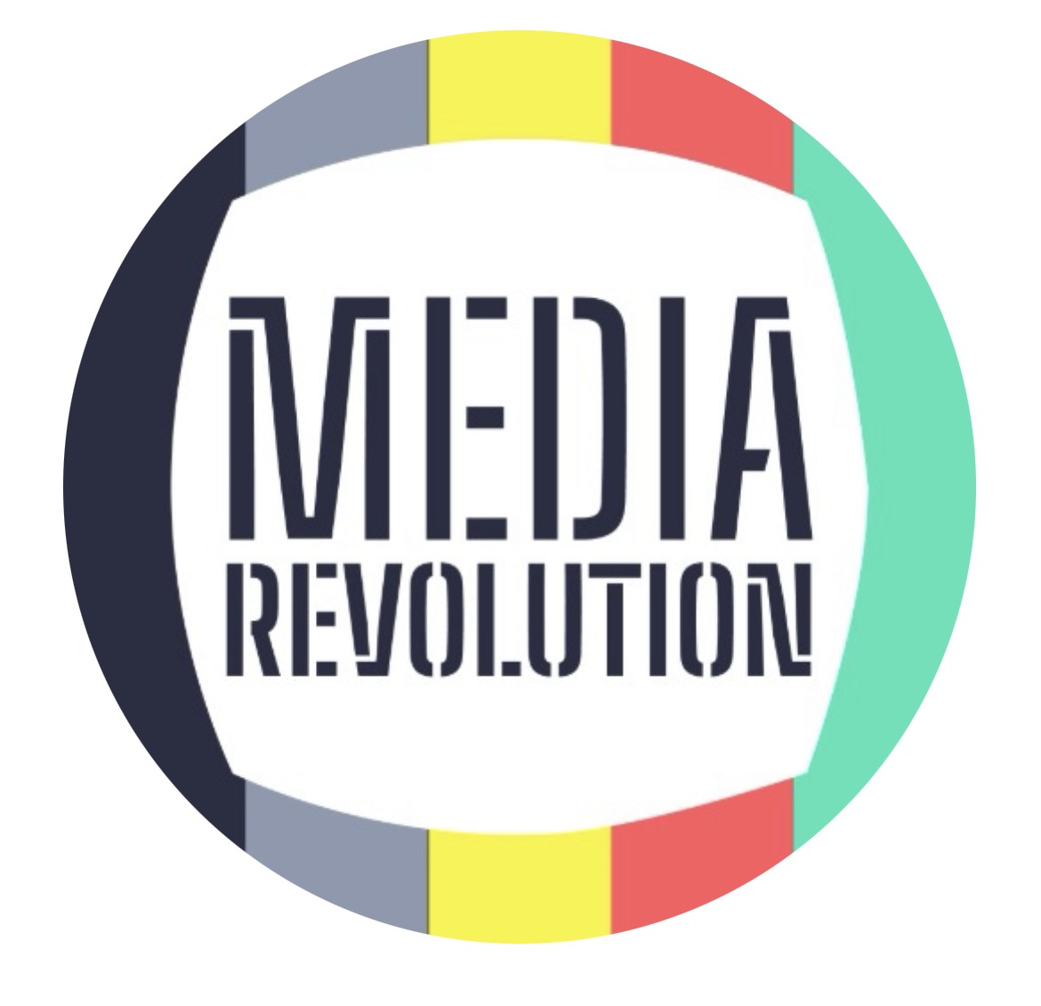 Circle logo with a retro TV screen and color bars around text reading 'MEDIA REVOLUTION'.