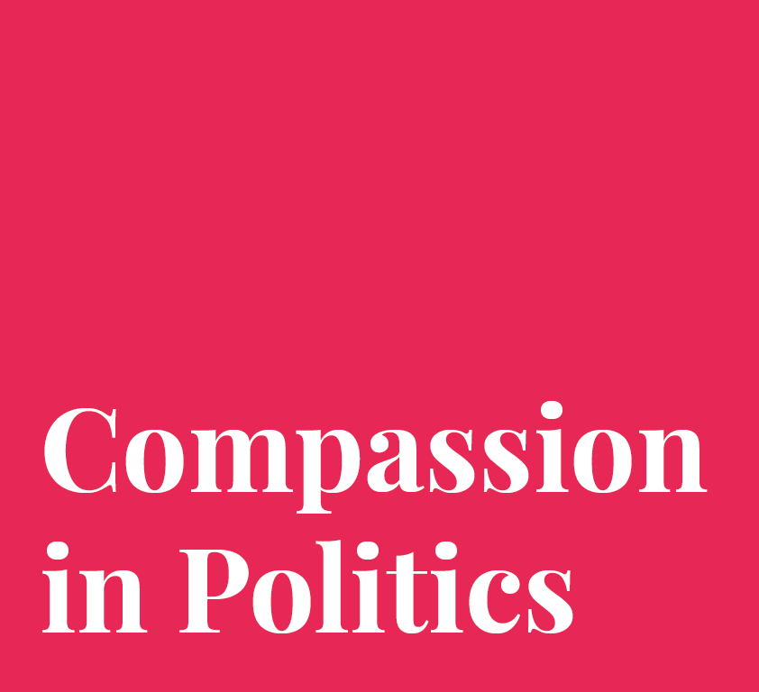 White text 'Compassion in Politics' on a solid pink-red background.