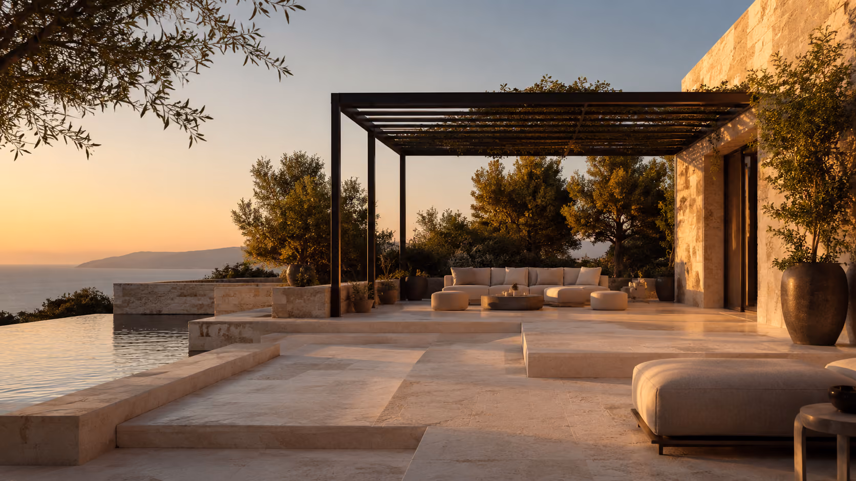 Luxury outdoor wellness terrace with stone paving, pool and bioclimatic pergola at sunset