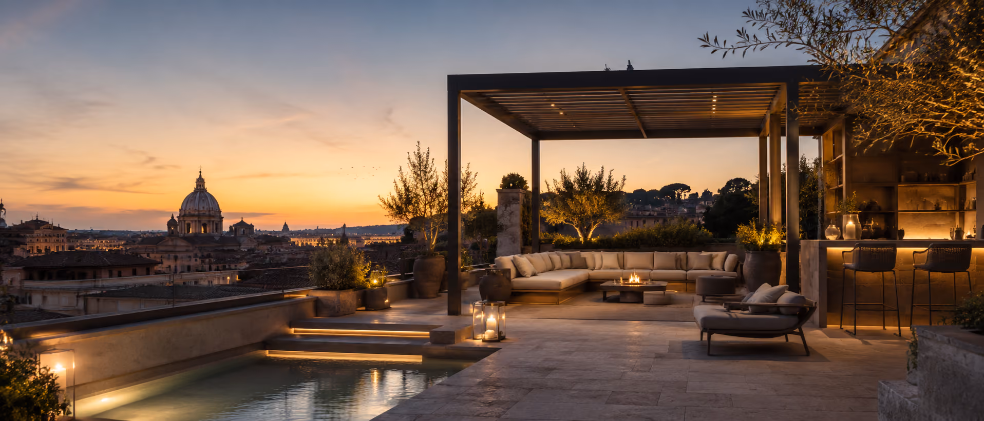 Uxury wellness penthouse terrace in Trastevere with pool, pergola and sunset view over Rome