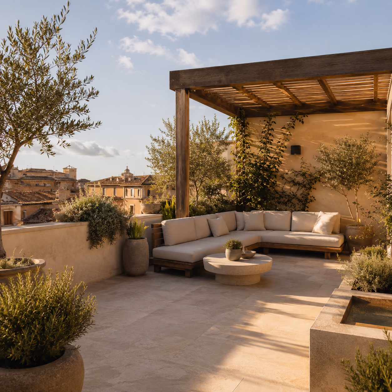 Polaris Essential wellness terrace with pergola, outdoor lounge and Mediterranean planting