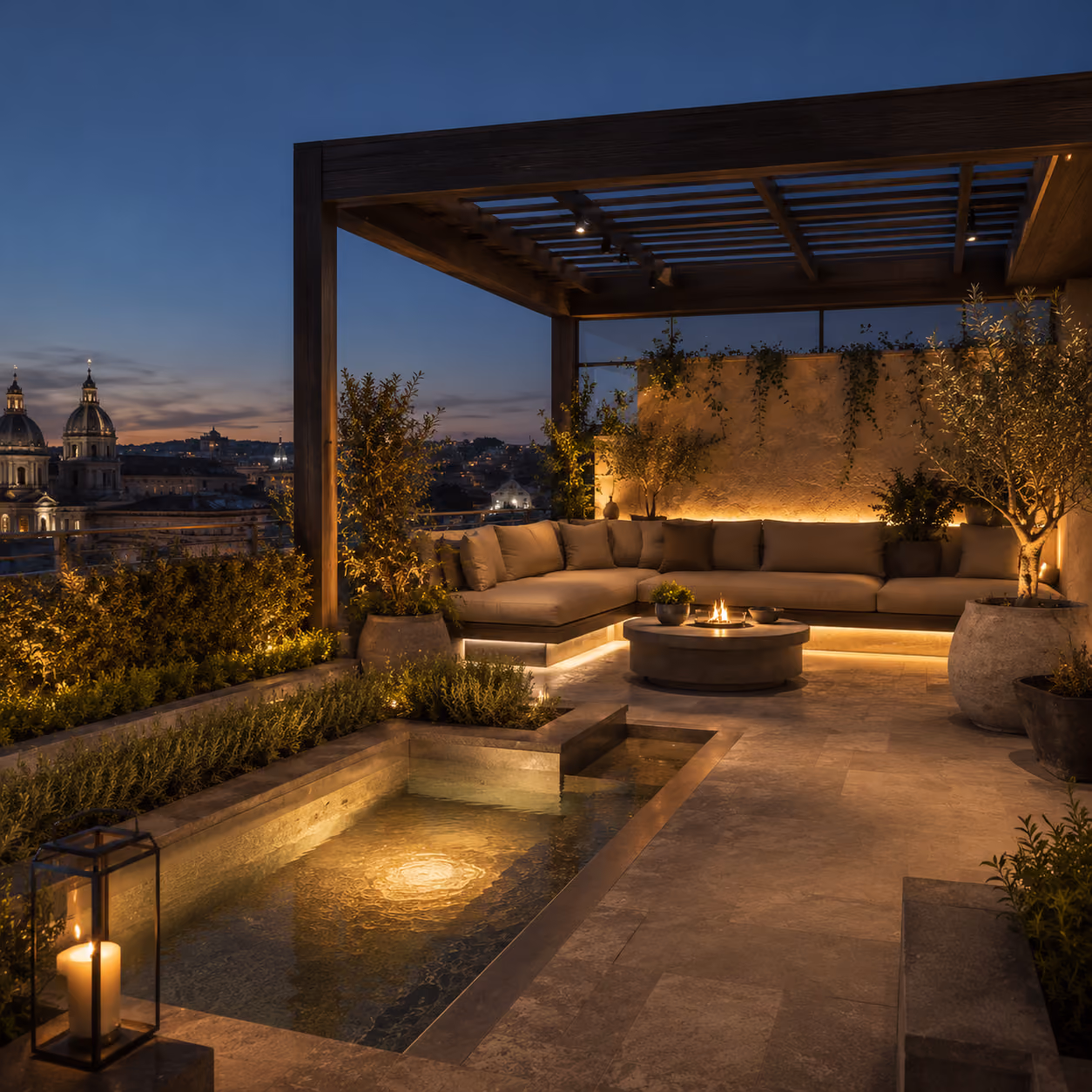 Polaris Signature wellness terrace with bioclimatic pergola and integrated evening lighting