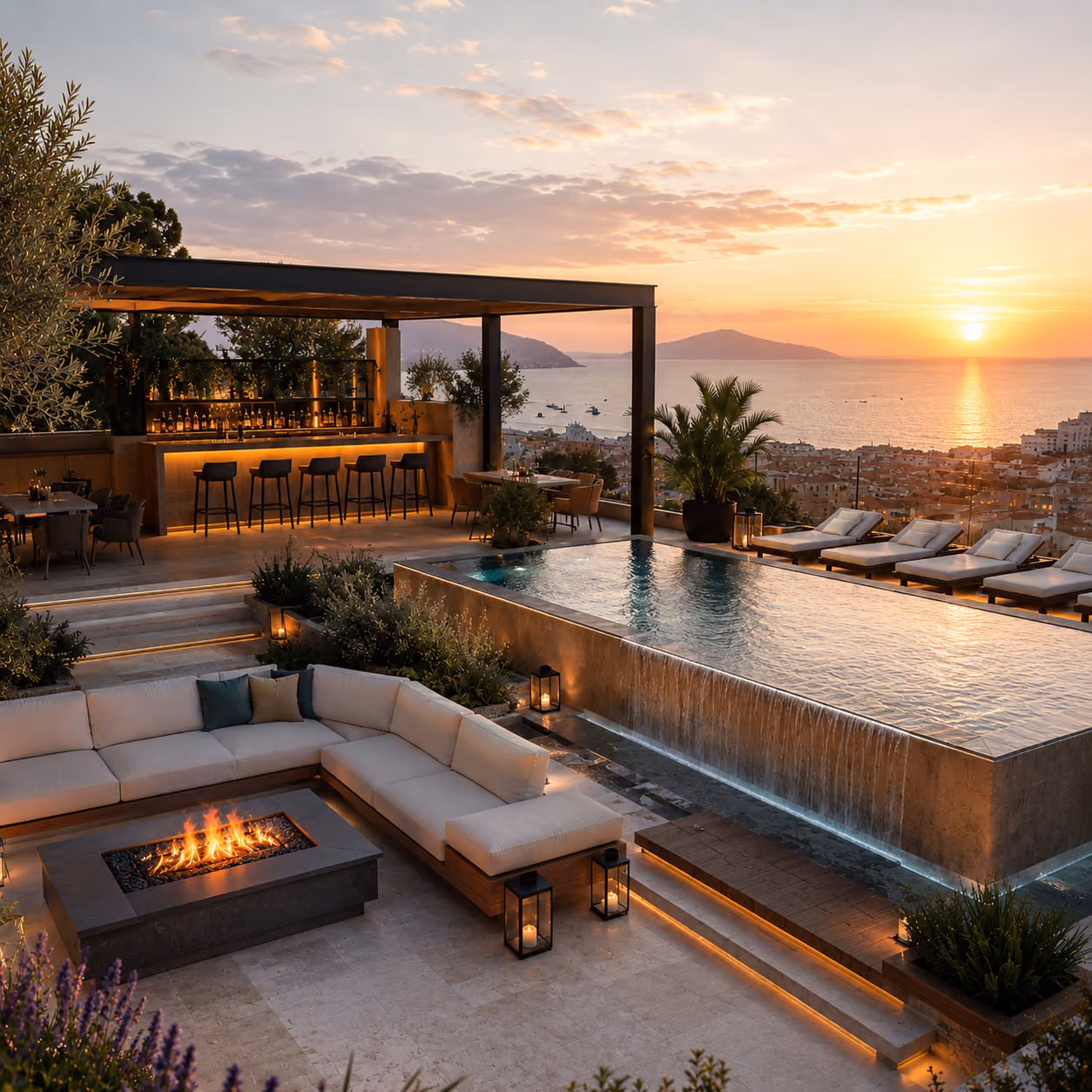 Polaris Private Resort rooftop with panoramic pool, fire lounge and sunset lighting