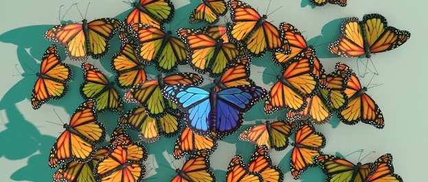 Beautiful blue butterfly in the middle of a group of orange butterflies
