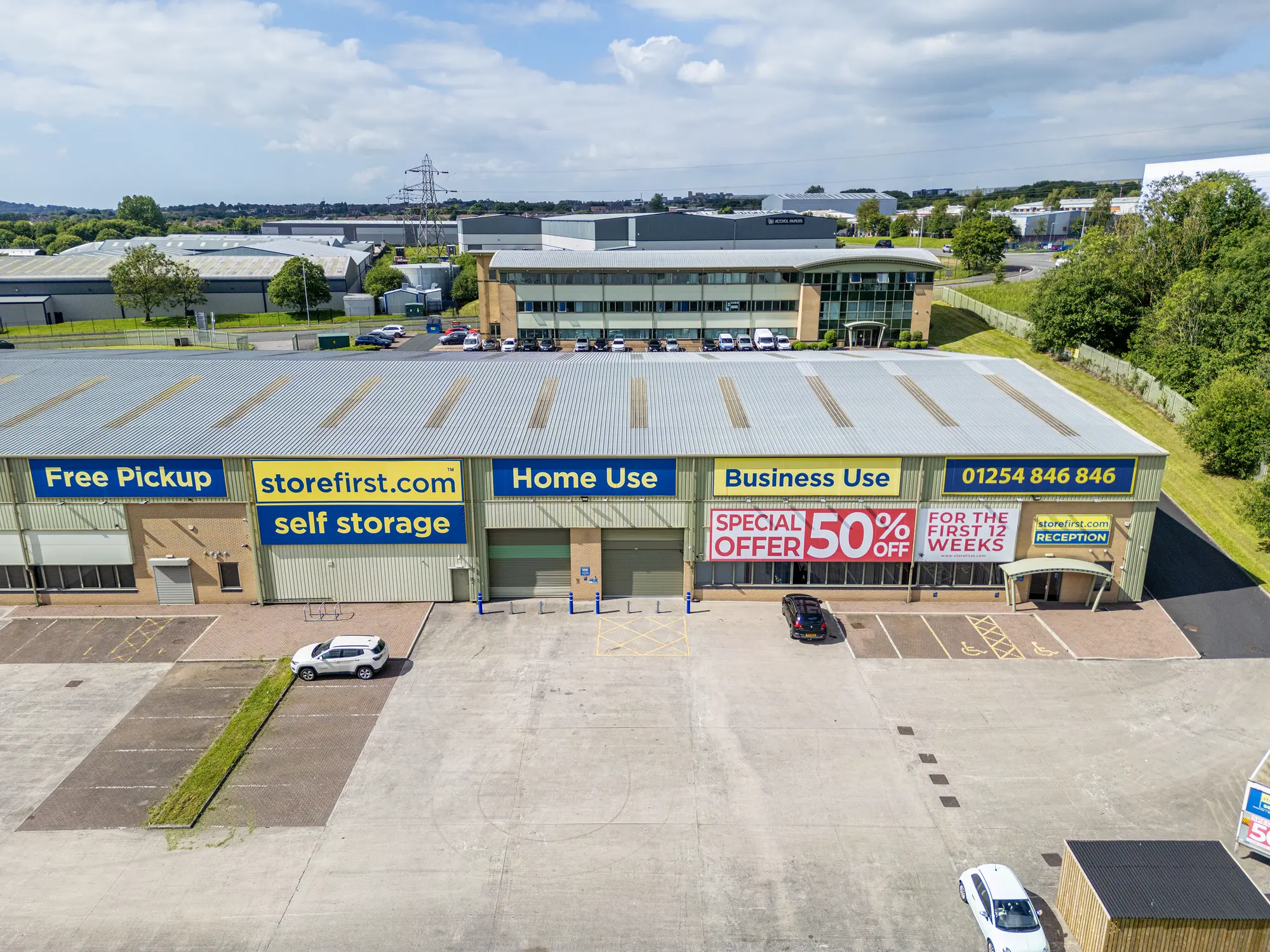 Aerial drone photograph of Storefirst Blackburn retail park