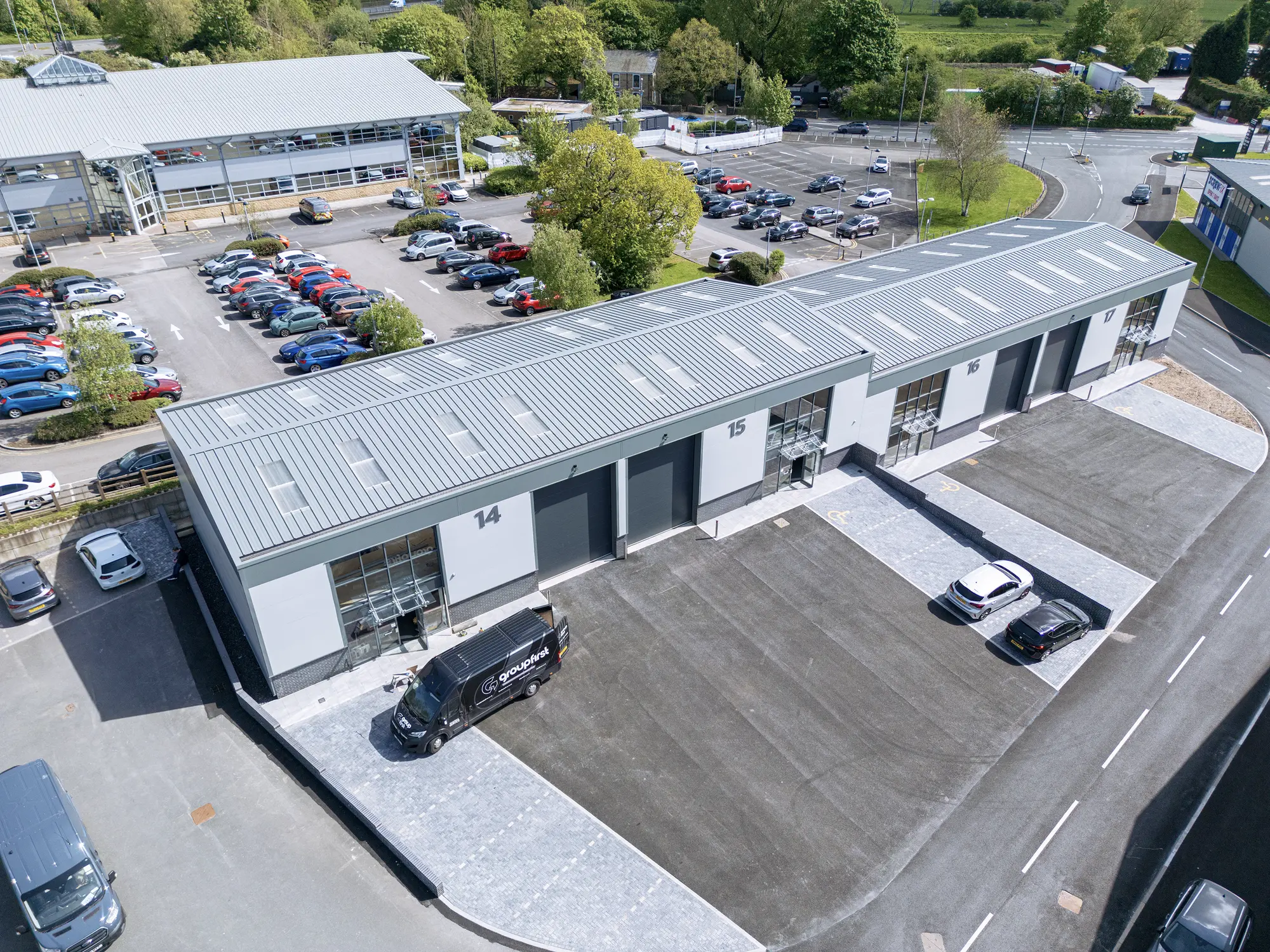 Aerial drone photograph of industrial units 14 to 17 at Simonstone