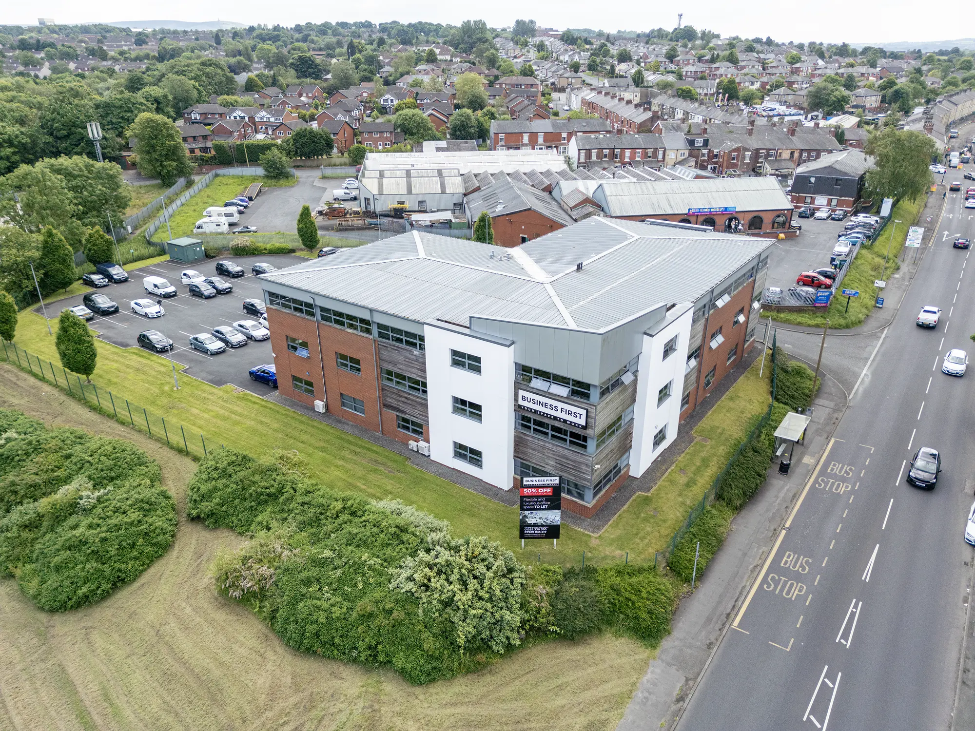 Aerial drone photograph of Gateway Business First industrial units