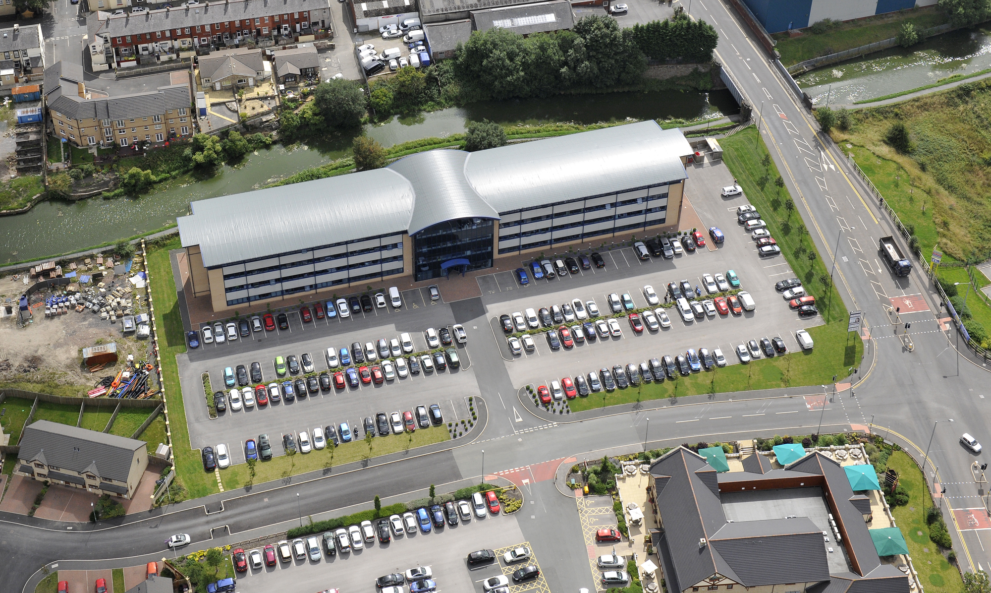 Aerial drone photograph of Burnley Business First industrial units