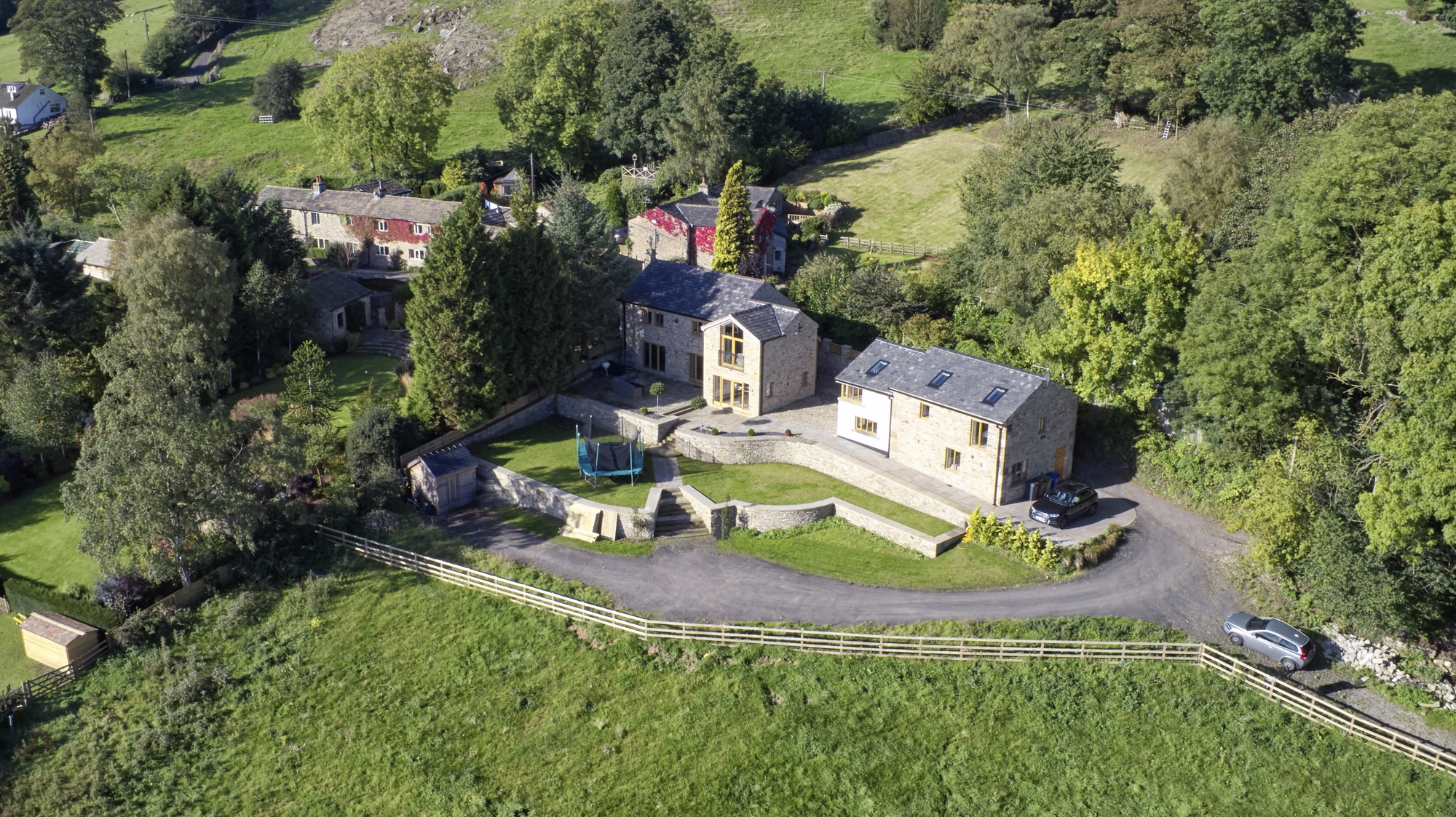 Aerial view of Fieldings Farm and the surrounding Whalley countryside