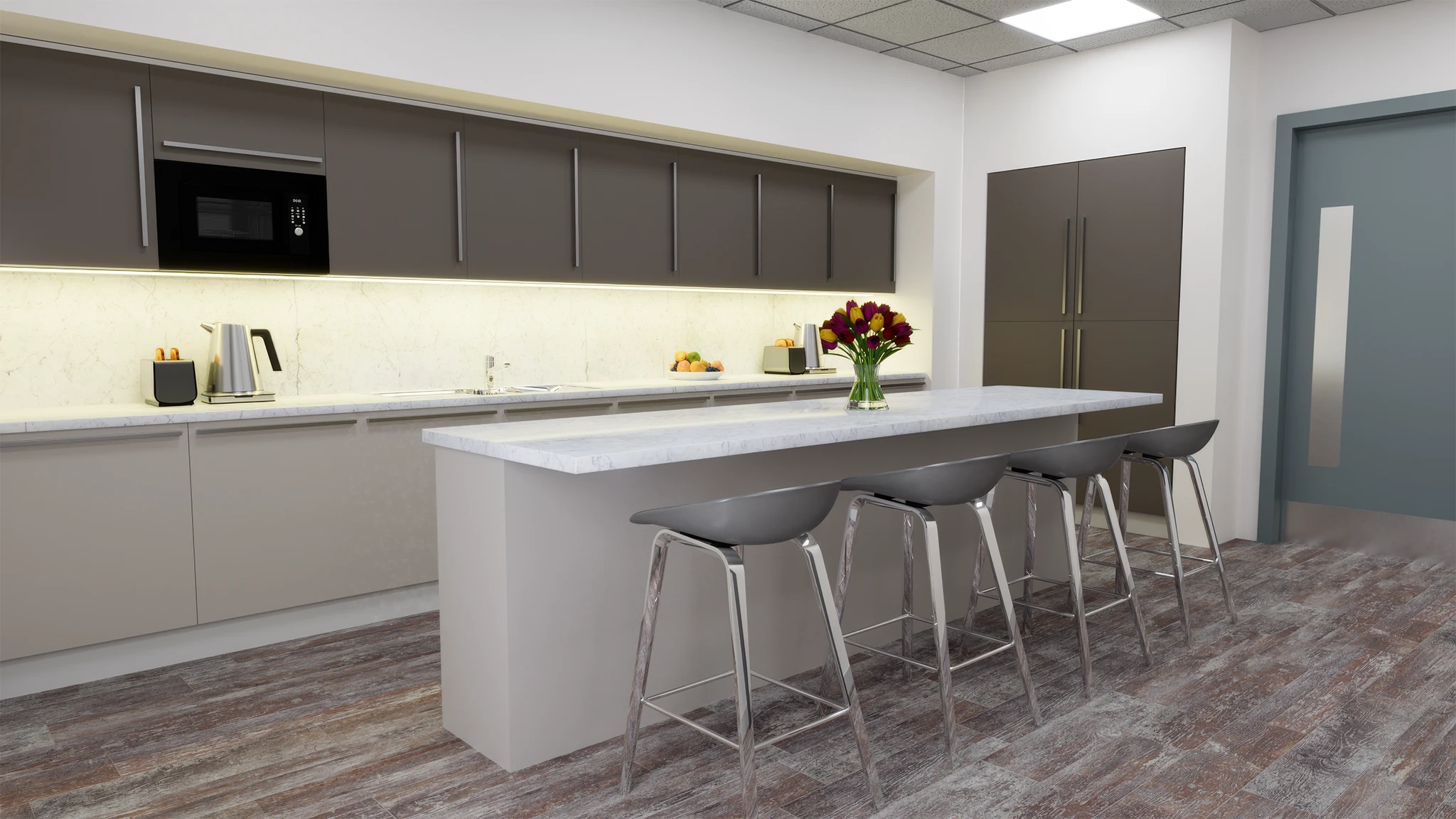 Interior CGI render of the shared kitchen and breakout space at Northlight offices