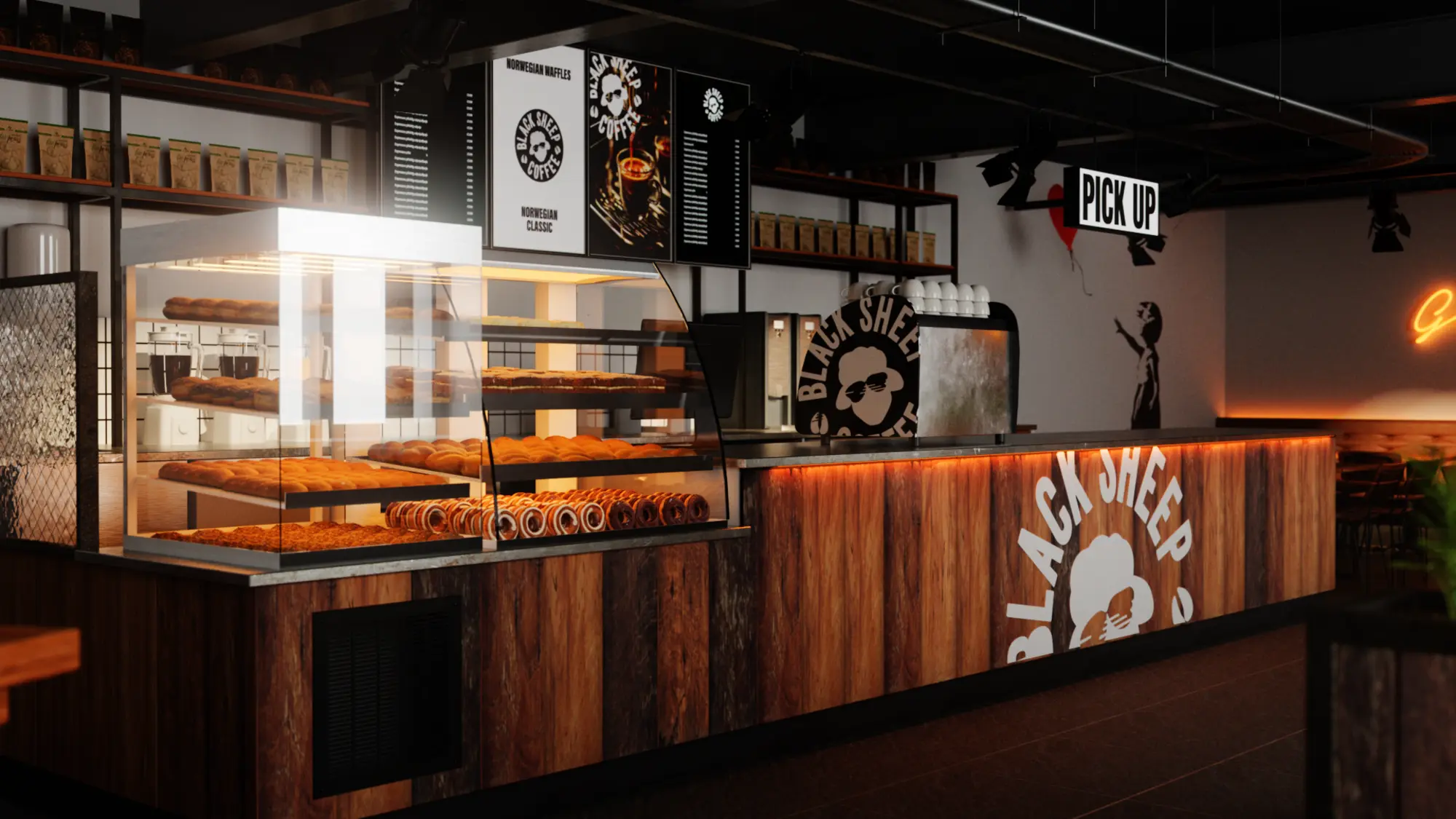 Interior CGI concept render of the counter detail at Black Sheep Coffee, Northlight