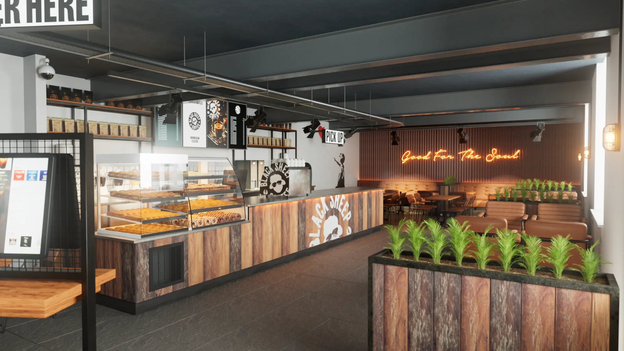 Interior CGI concept render of the ground floor servery at Black Sheep Coffee, Northlight