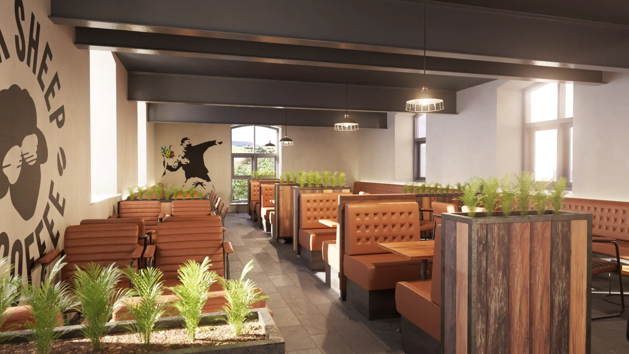 Interior CGI concept render of the upstairs seating area at Black Sheep Coffee, Northlight
