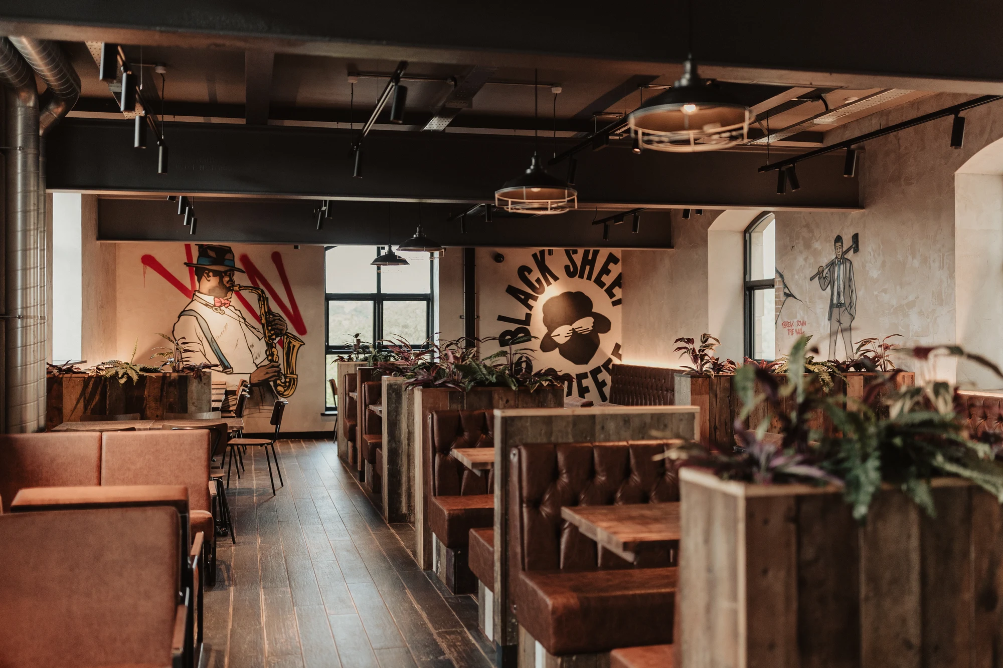 Photograph of the completed seating area at Black Sheep Coffee, Northlight