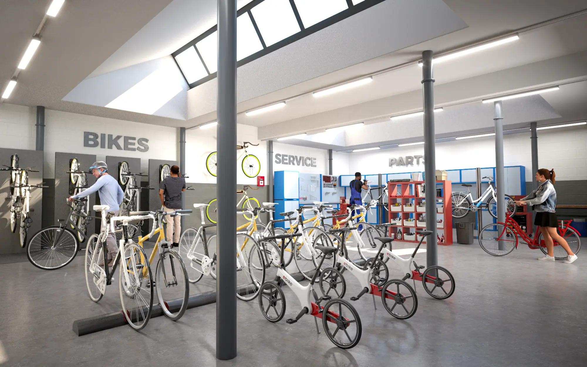 Interior CGI concept render of a bike shop fit-out in a Northlight industrial unit