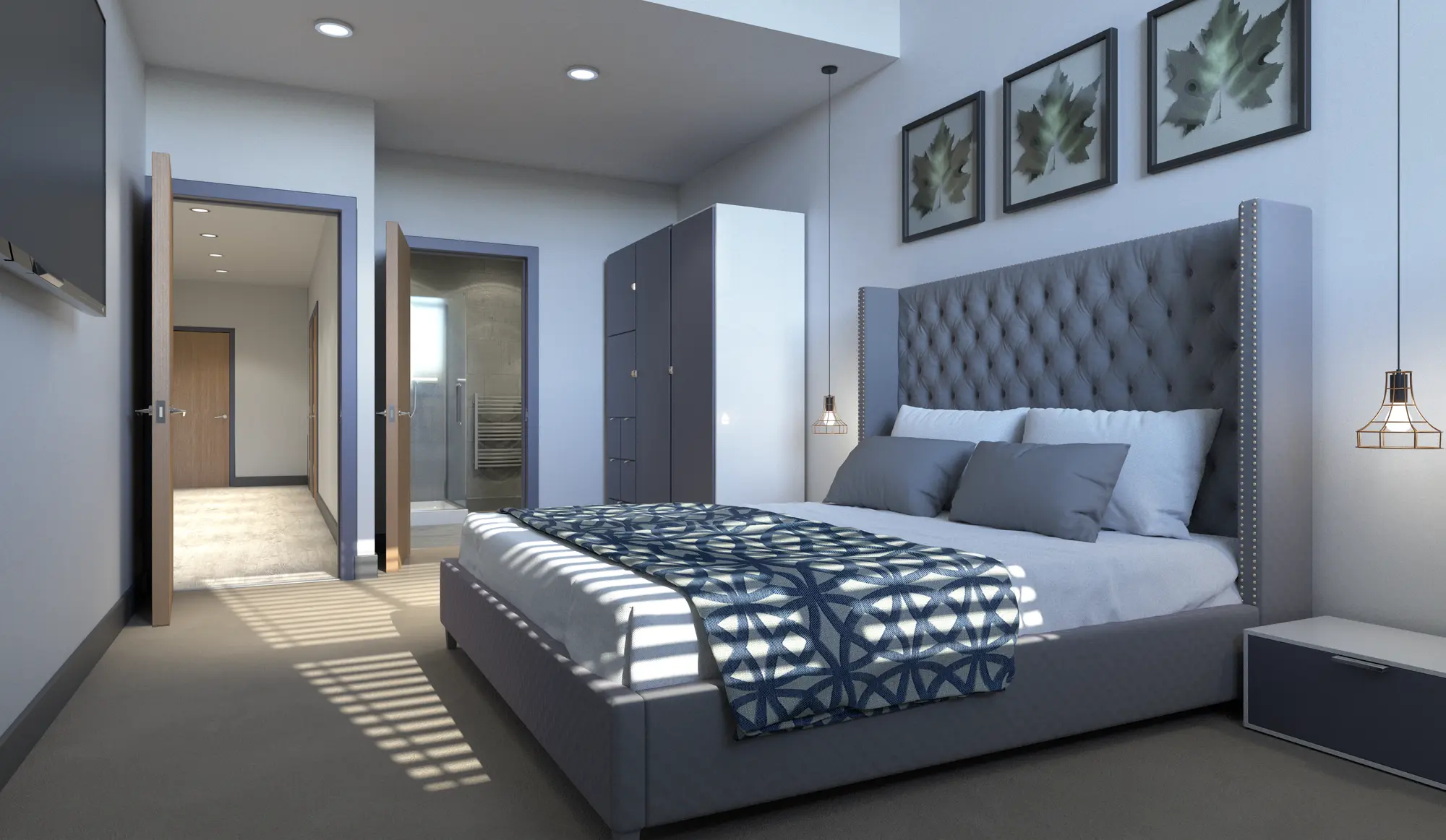 Interior CGI render of a bedroom in a Northlight apartment