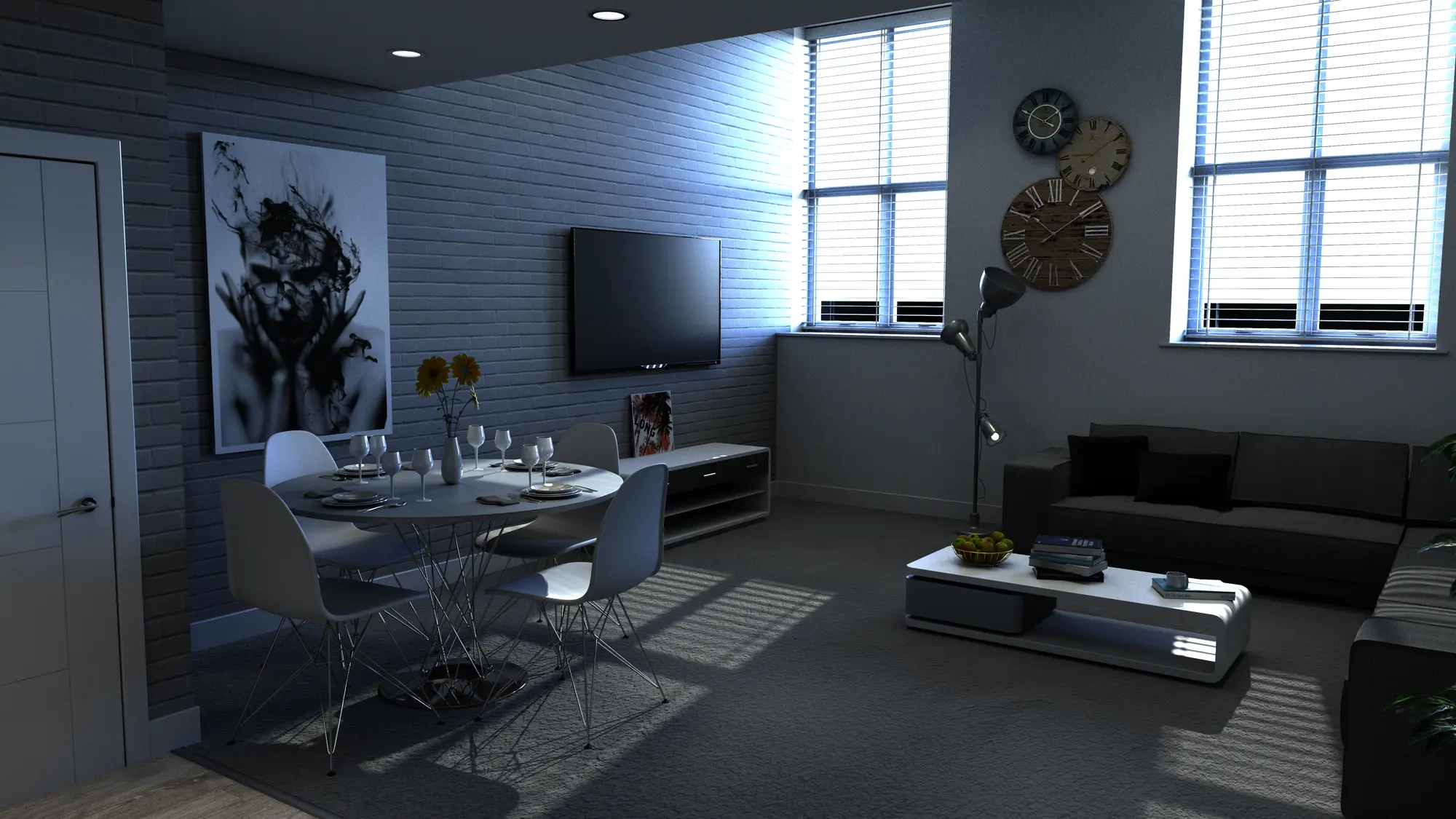 Interior CGI render of the living and dining space in a Northlight apartment