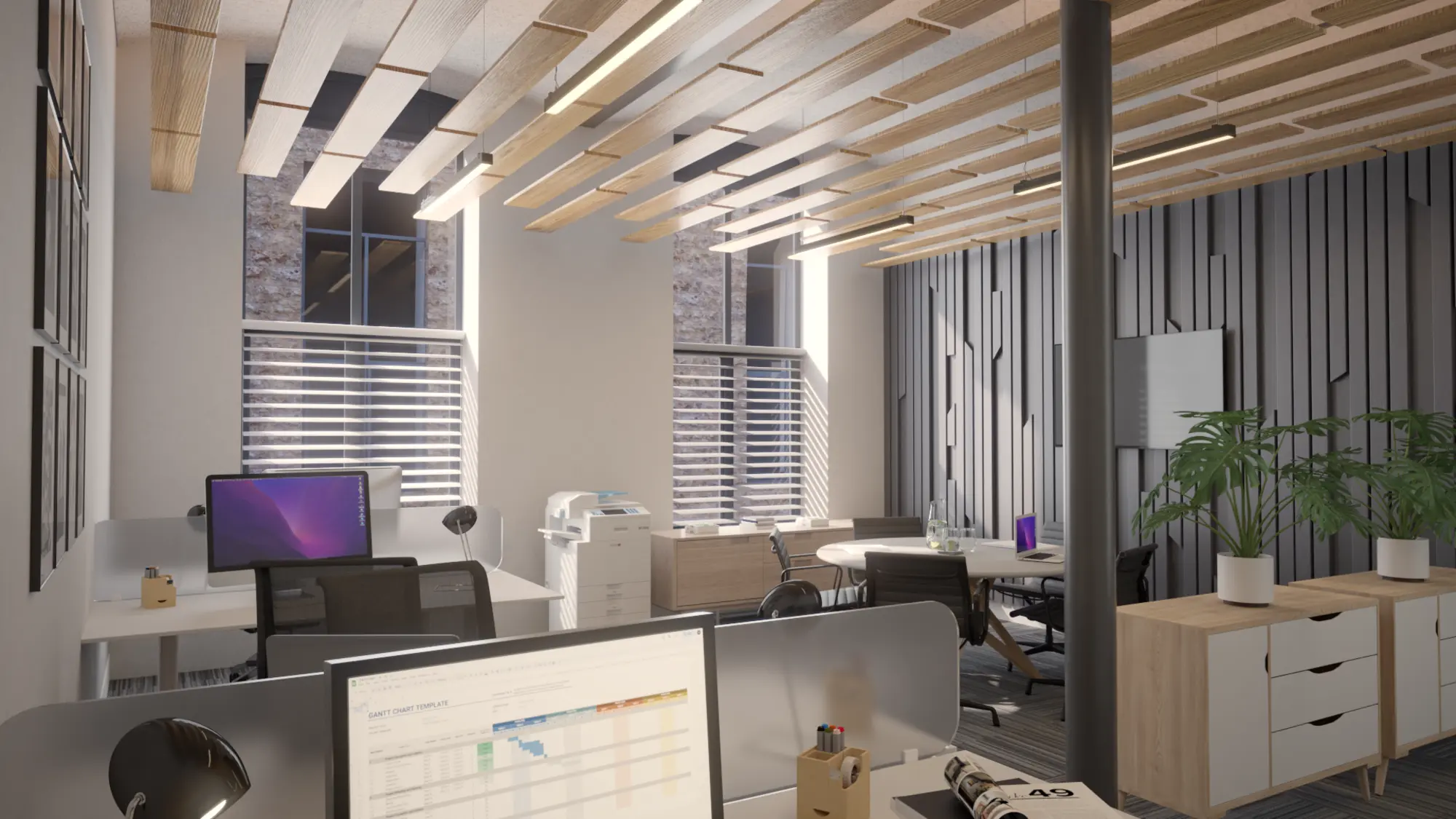 Interior CGI render of an office with timber-slat ceiling at Northlight, Brierfield