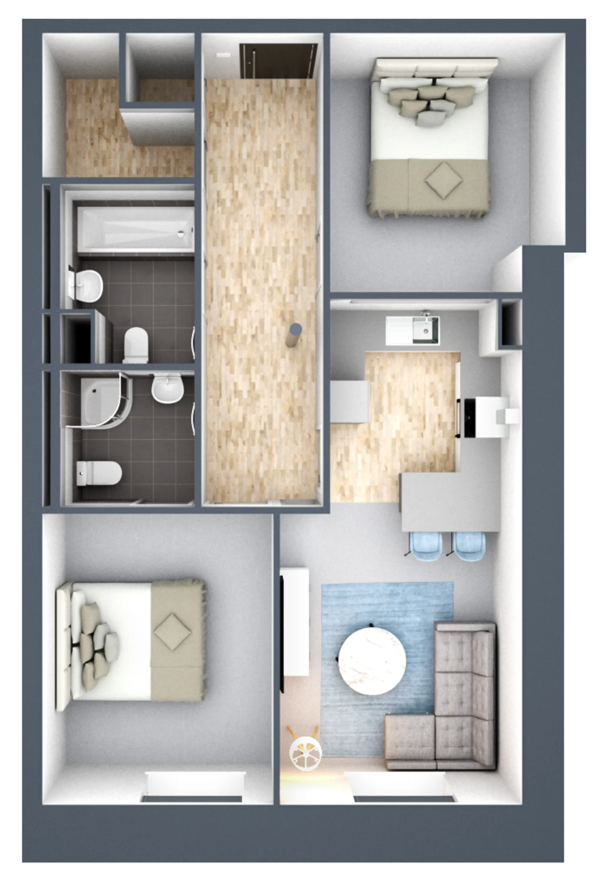 3D floor plan of the Cookstool apartment type at Northlight, Brierfield