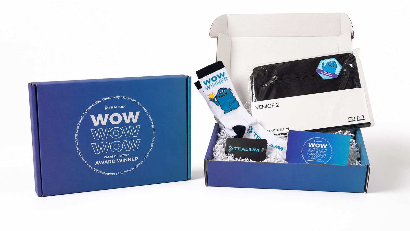 Tealium WOW Award gift box with branded socks, luggage tag, laptop sleeve, and award card