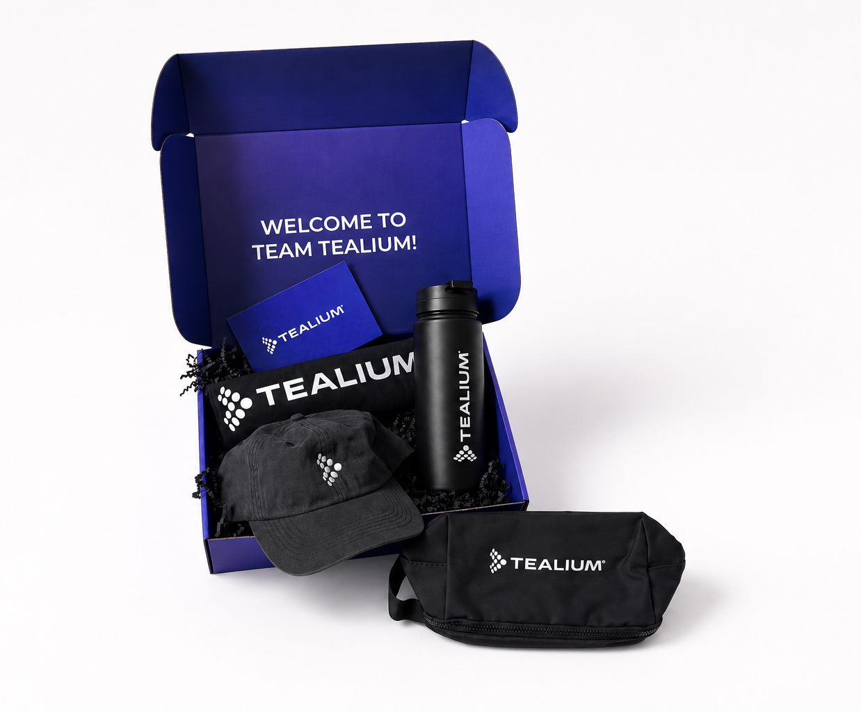 Tealium new-hire welcome kit in a box printed Welcome to Team Tealium, with apparel, a cap, water bottle, and zip pouch