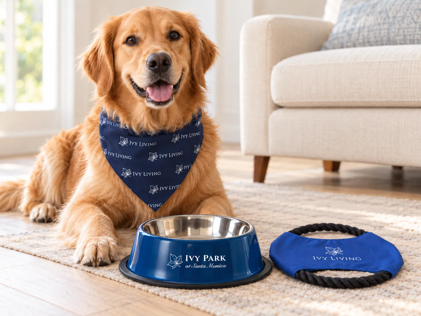 Dog wearing an Ivy Living bandana beside a branded bowl and rope toy.
