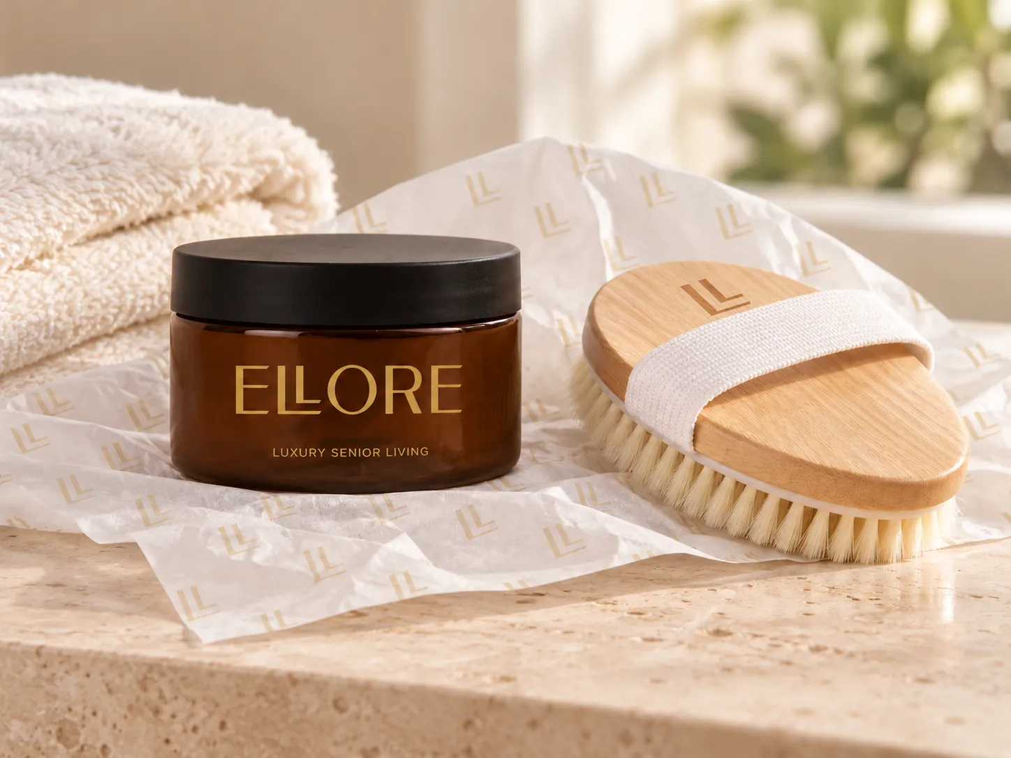 Ellore branded cream jar and bamboo body brush arranged on patterned tissue.