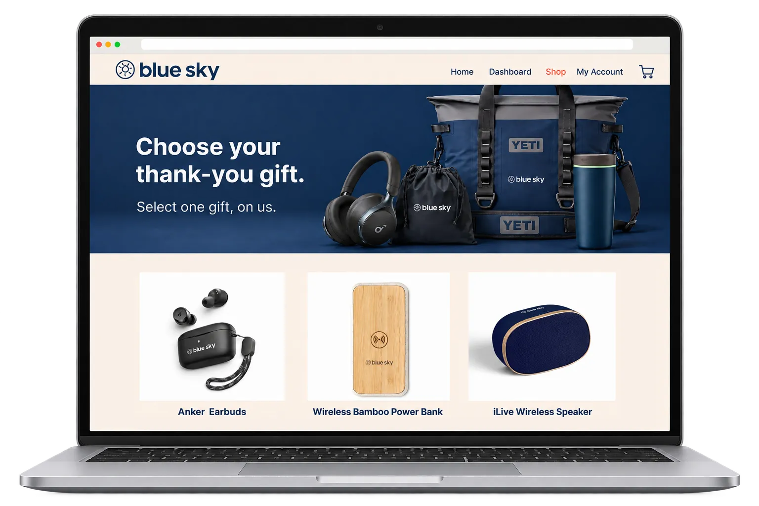 Example Blue Sky gifting site storefront with a choice of branded gifts.
