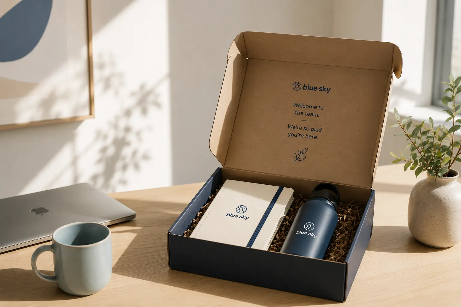 Open Blue Sky welcome kit containing a branded notebook and water bottle.