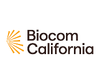 Biocom California logo with stylized orange sunburst design on left of text.