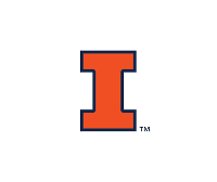 Orange block letter I outlined in blue, University of Illinois logo.