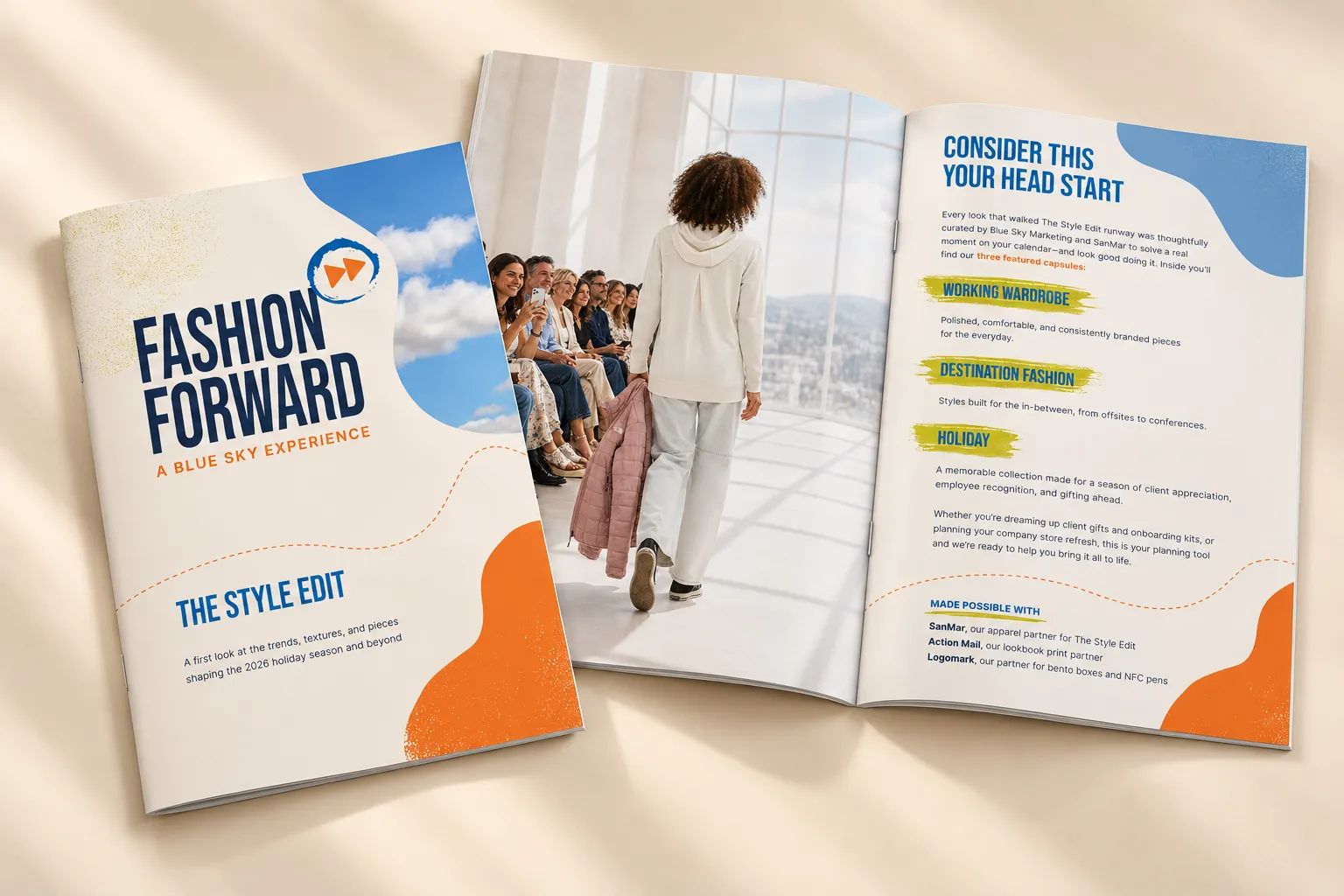 Fashion Forward: The Style Edit lookbook, shown with the cover and an open spread of a runway photo and the featured capsules