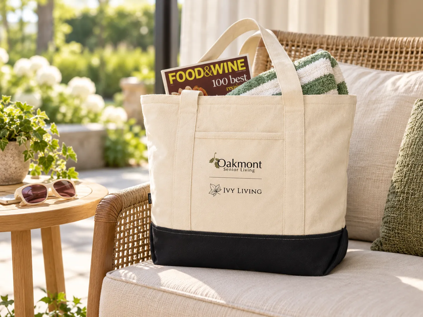 Canvas tote printed with the Oakmont Senior Living and Ivy Living logos, holding a magazine and a rolled towel, on a patio chair