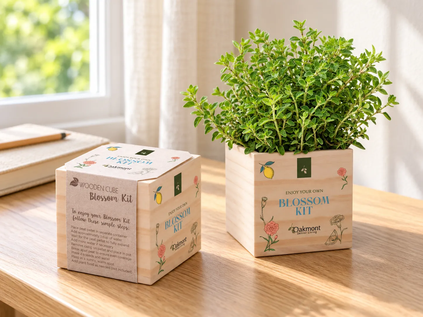 Two wooden Oakmont Blossom Kit cubes, one boxed with instructions and one growing a leafy herb plant