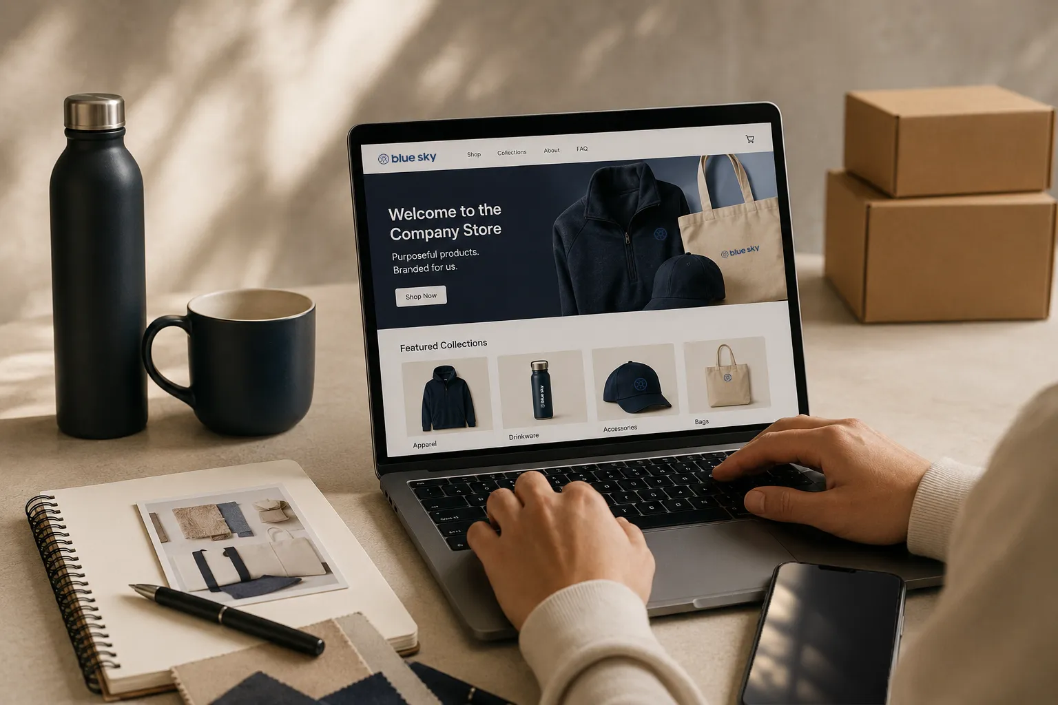 Person shopping a Blue Sky branded company store on a laptop, with branded drinkware and a notebook on the desk