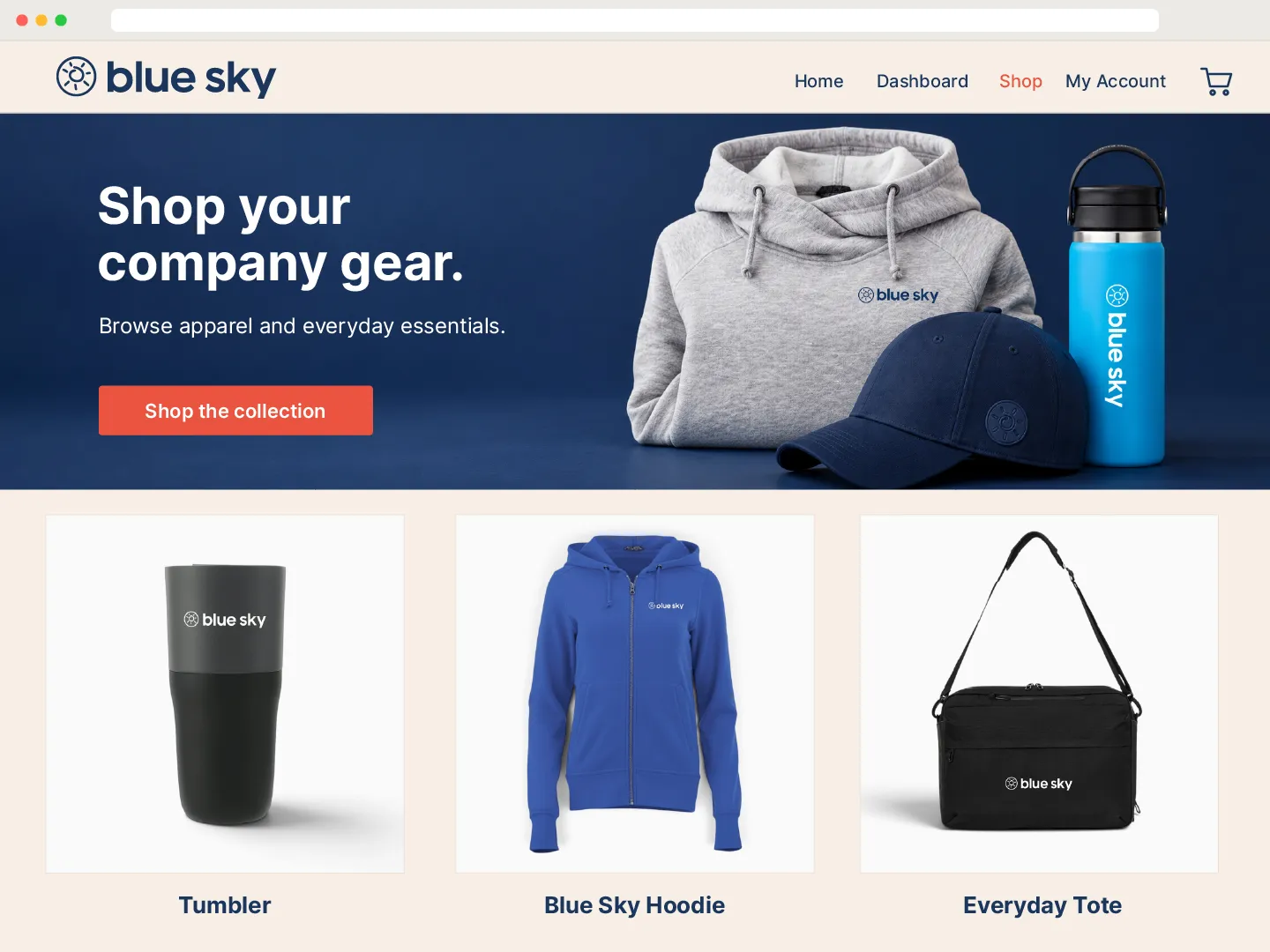 Example Blue Sky company store page showing branded apparel, a tumbler, and a bag