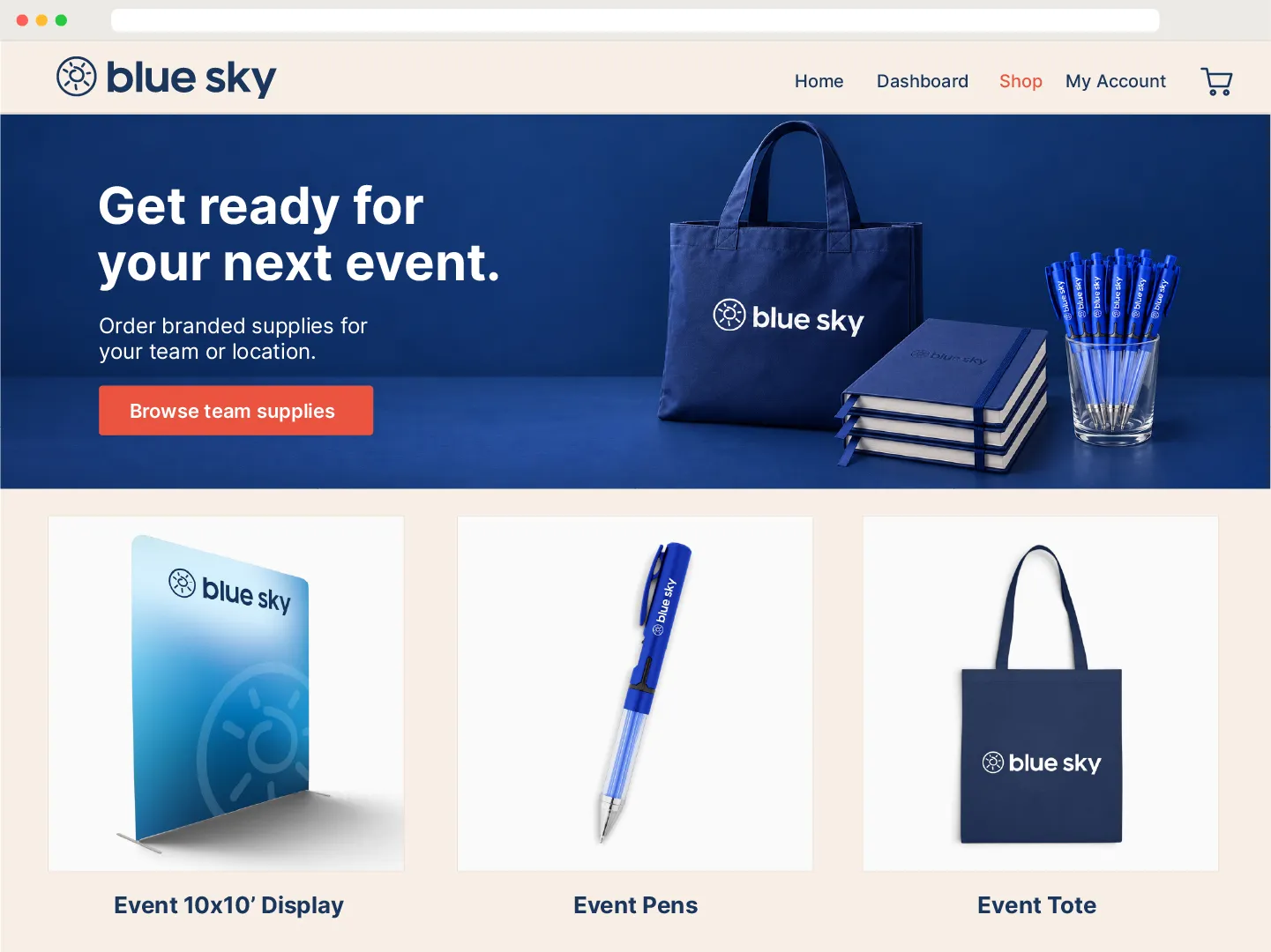 Example team supplies page for ordering event displays, pens, and totes