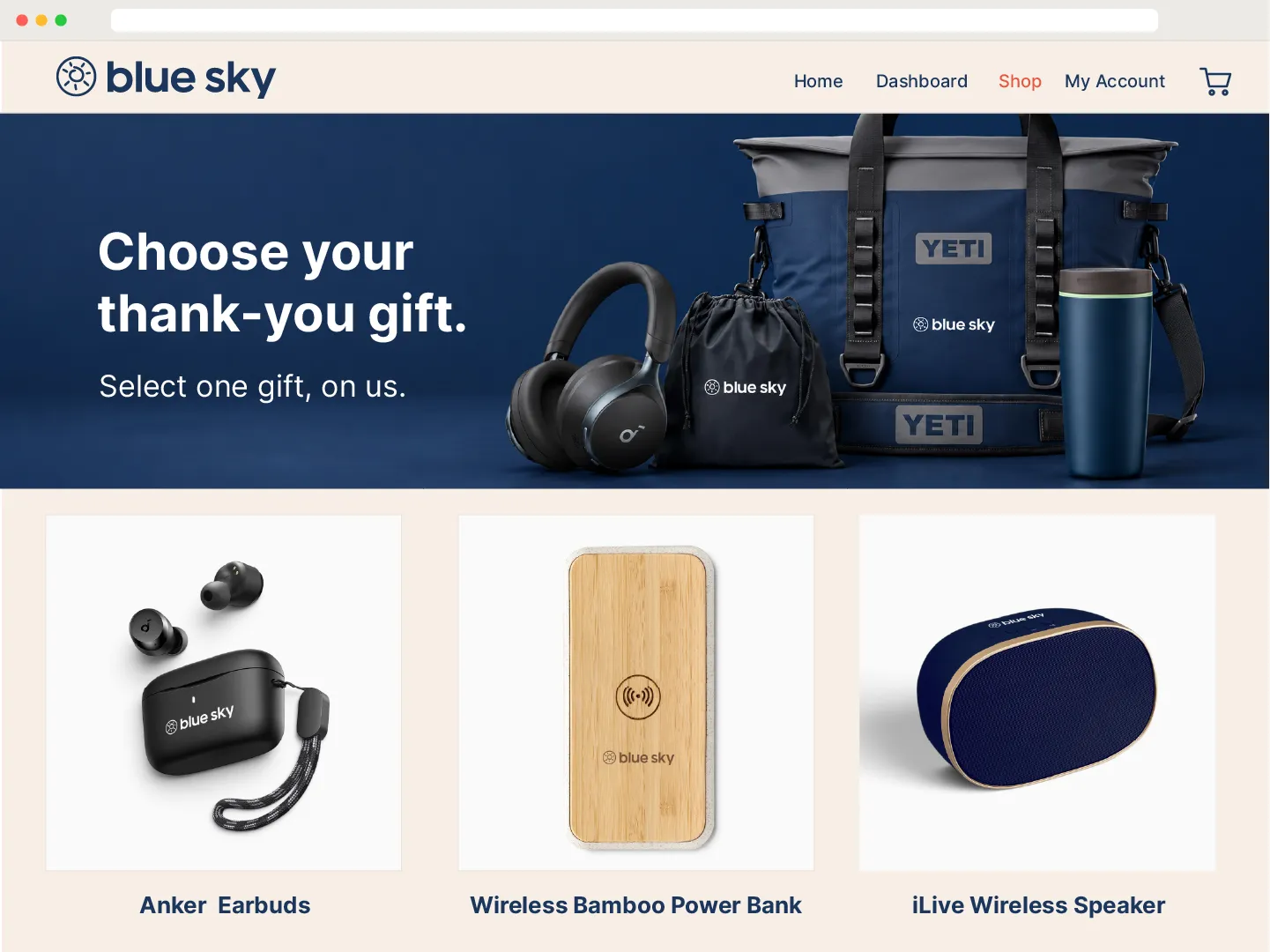 Example gift selection page where a recipient chooses earbuds, a power bank, or a speaker