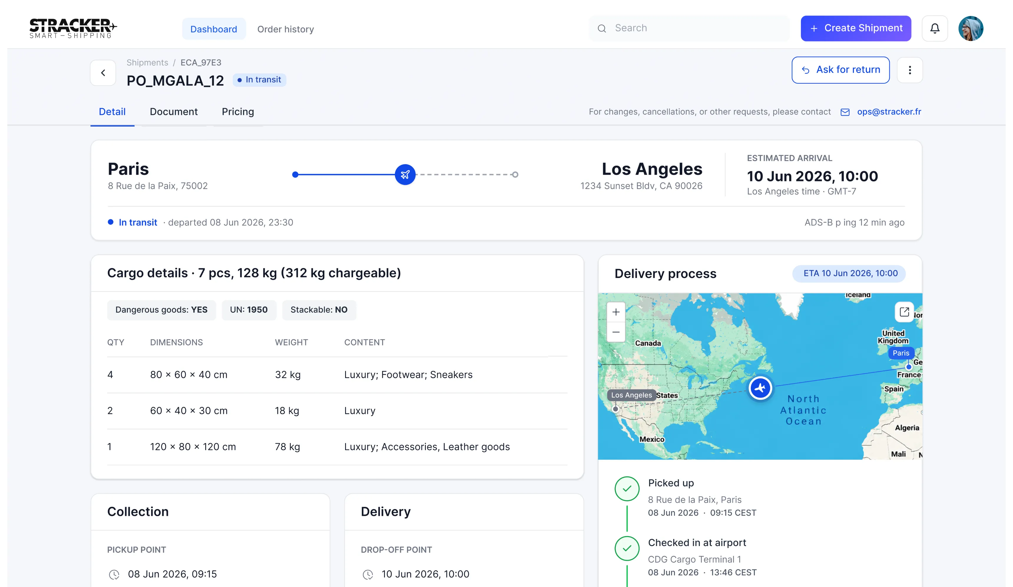 Shipment dashboard showing transit details from Paris to Los Angeles with cargo specs and delivery tracking.