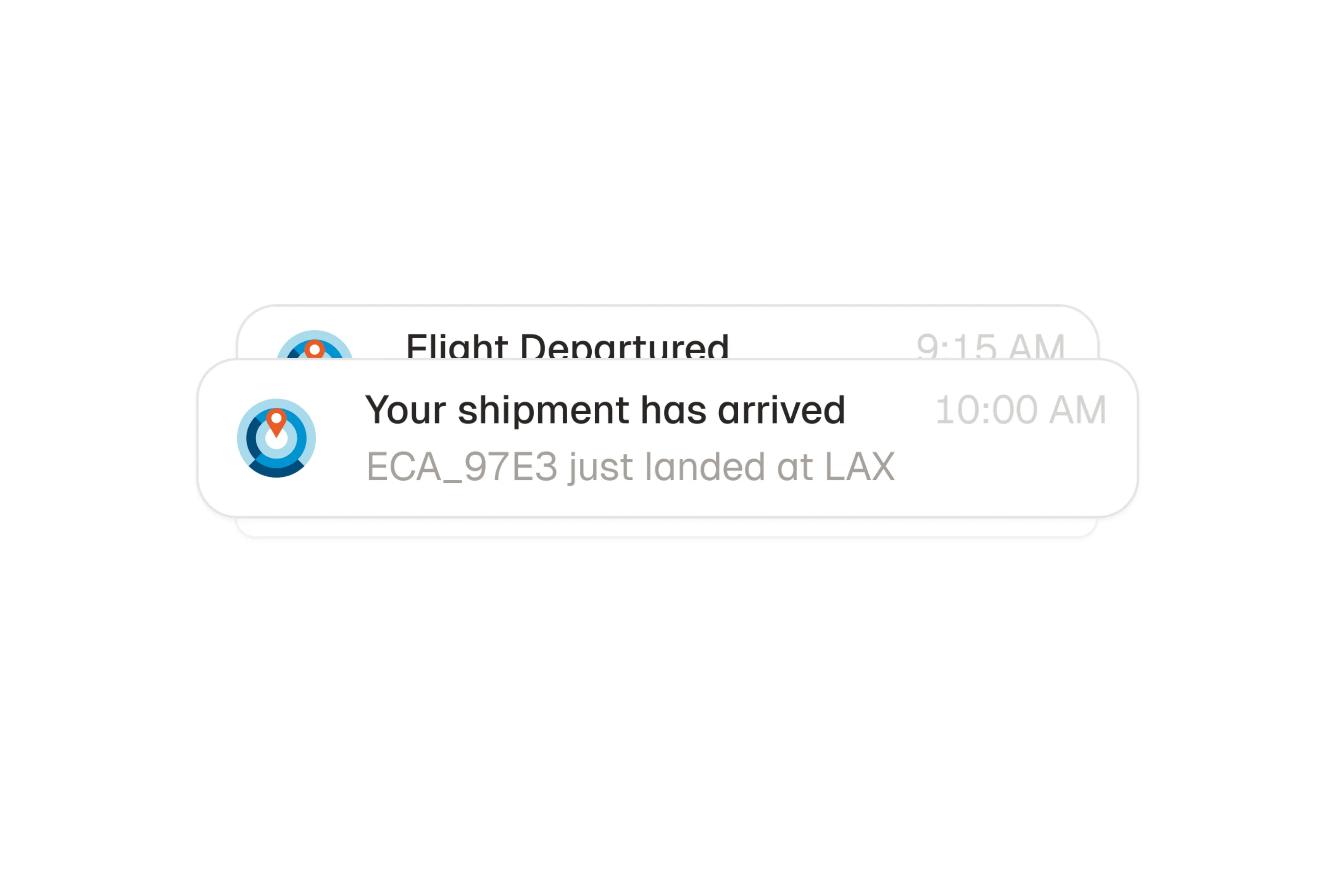 Notification: Your shipment has arrived, ECA_97E3 just landed at LAX, timestamp 10:00 AM.
