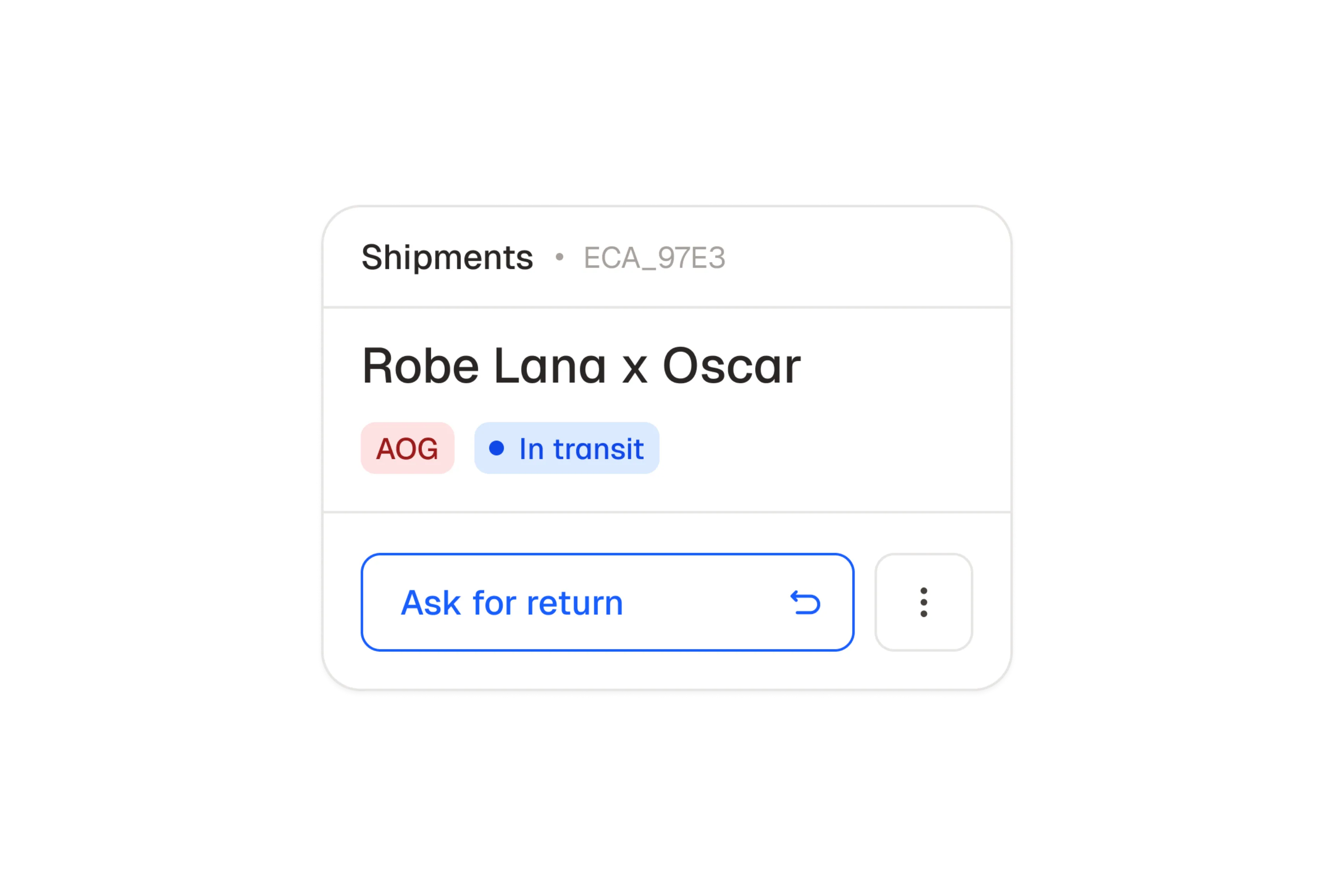 Shipment status for Robe Lana x Oscar labeled AOG and In transit with Ask for return button.