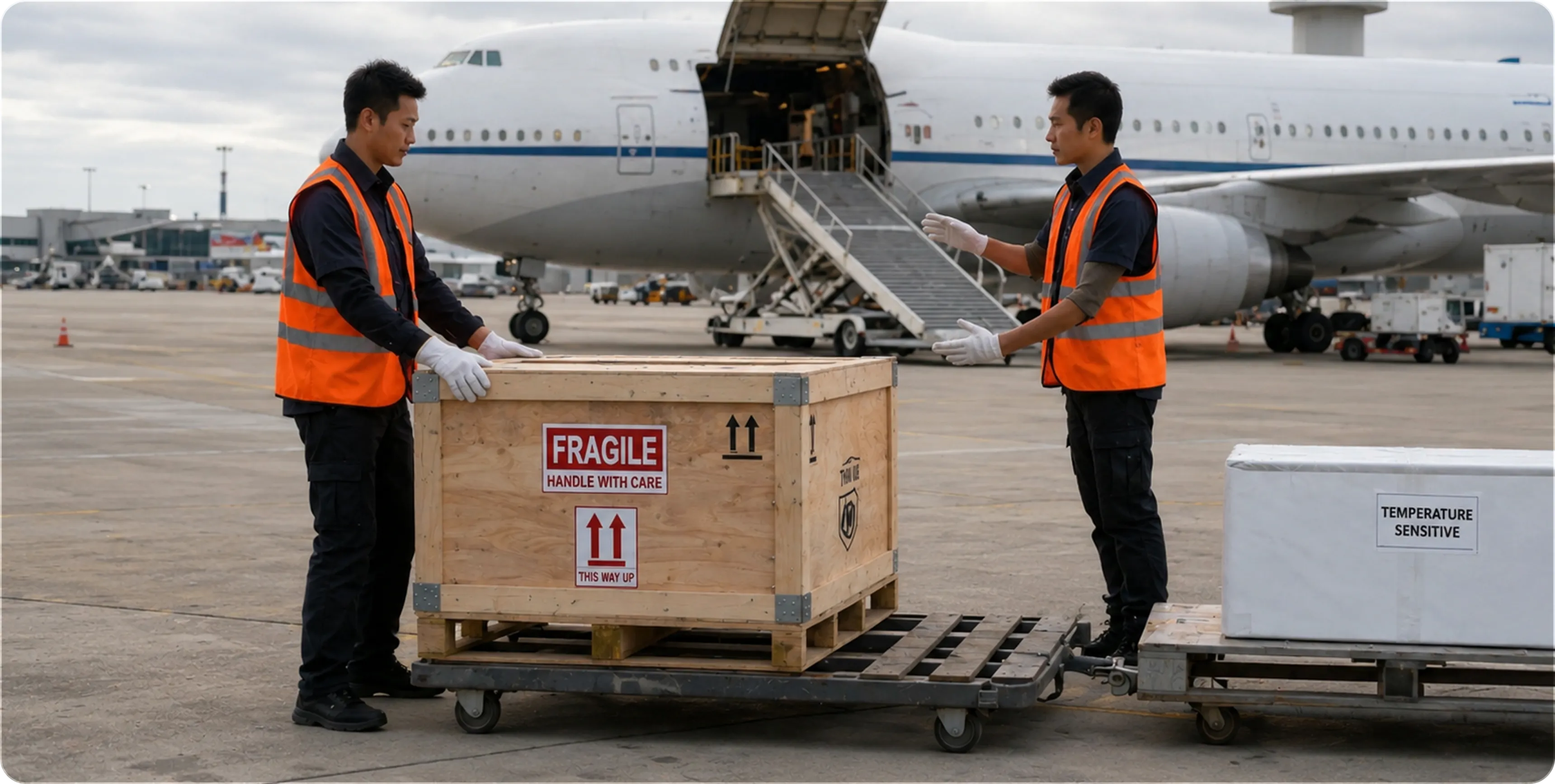 Two workers in orange vests handling a fragile crate on an airport tarmac near a large airplane.