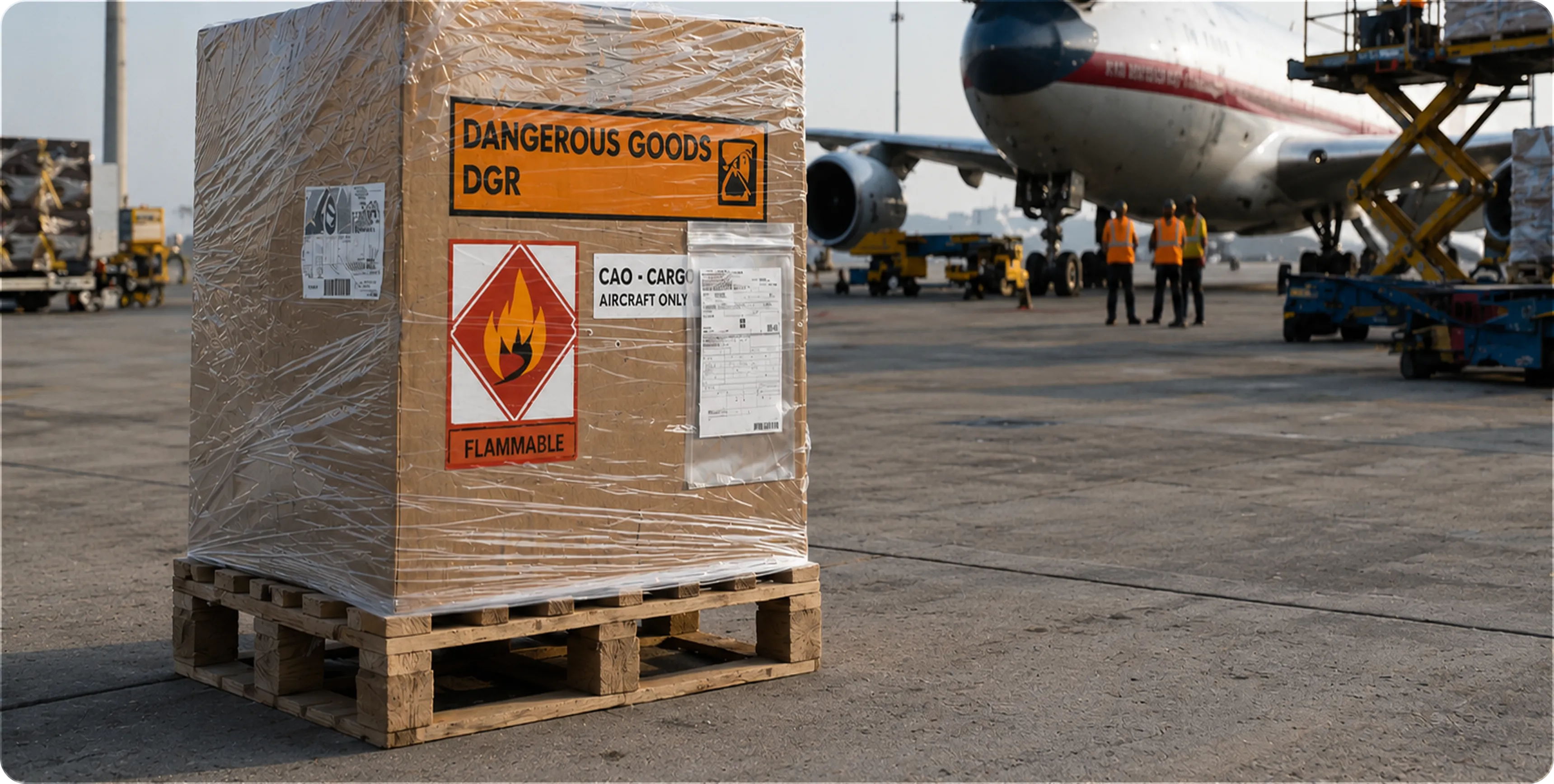 Large cardboard box labeled 'Dangerous Goods' and 'Flammable' on pallet at airport tarmac near airplane.