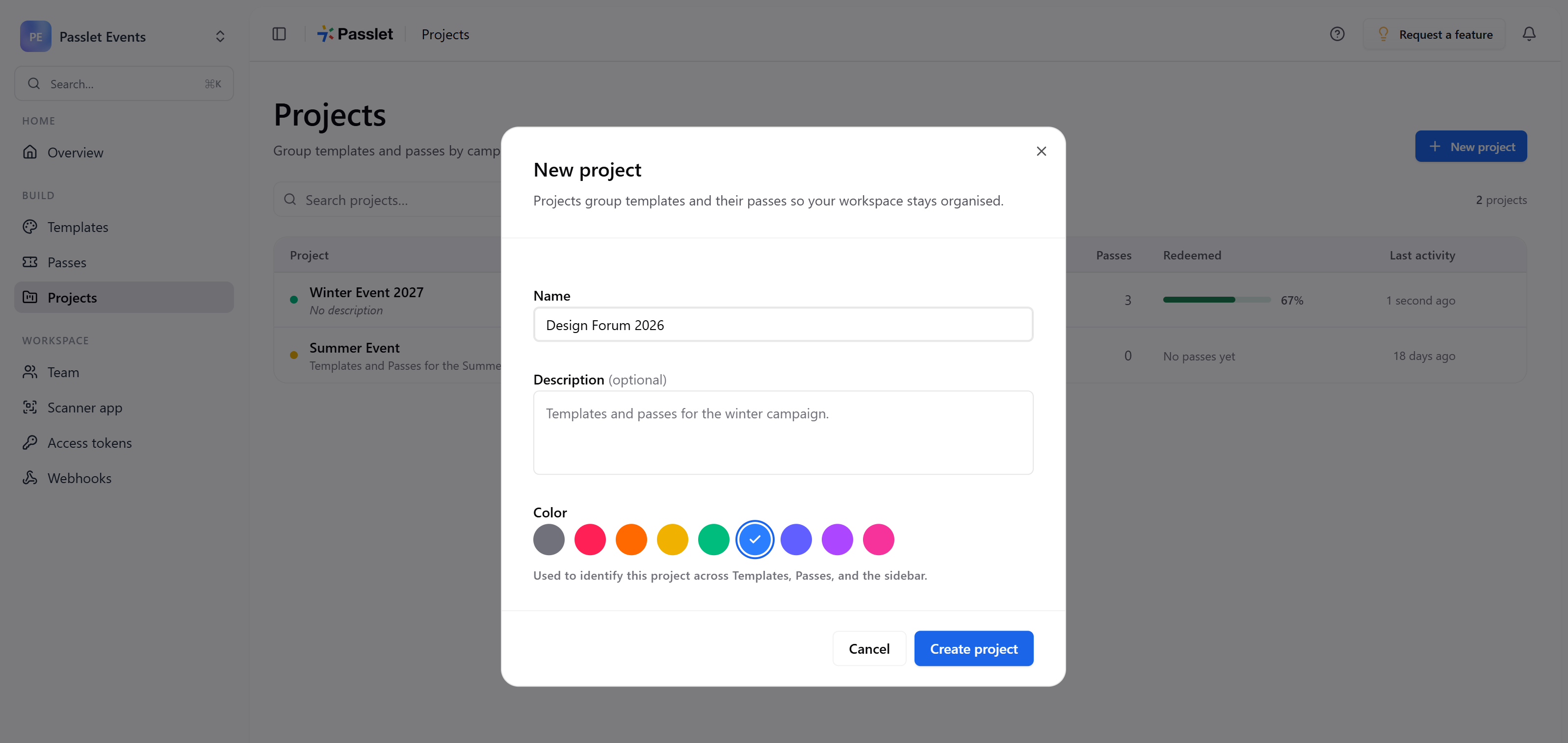 Passlet Projects page with the New project button for organizing event ticket templates and Apple Wallet and Google Wallet passes.