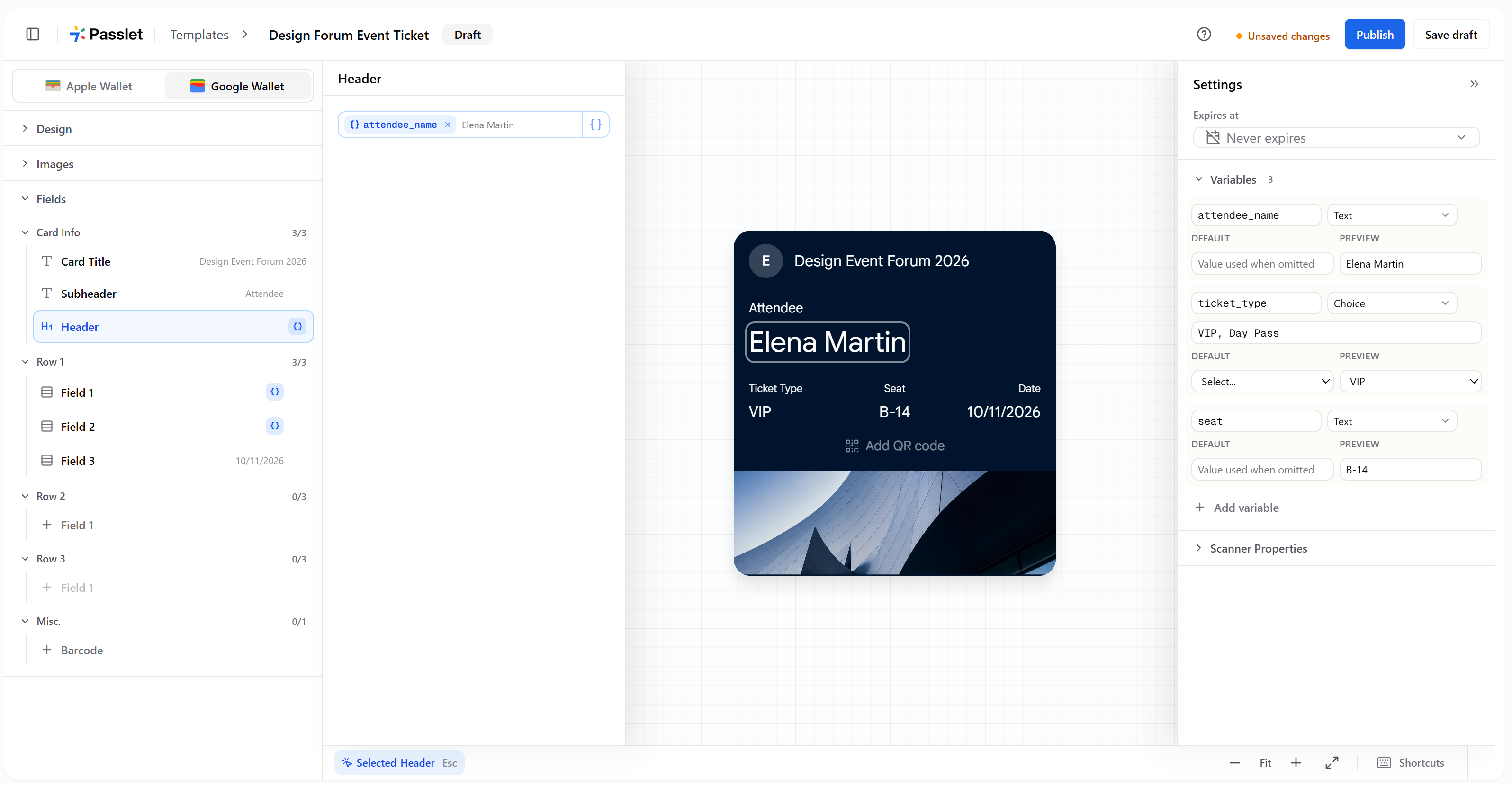 Passlet event ticket template editor showing a mobile wallet pass preview and personalized attendee variables for Google Wallet passes.