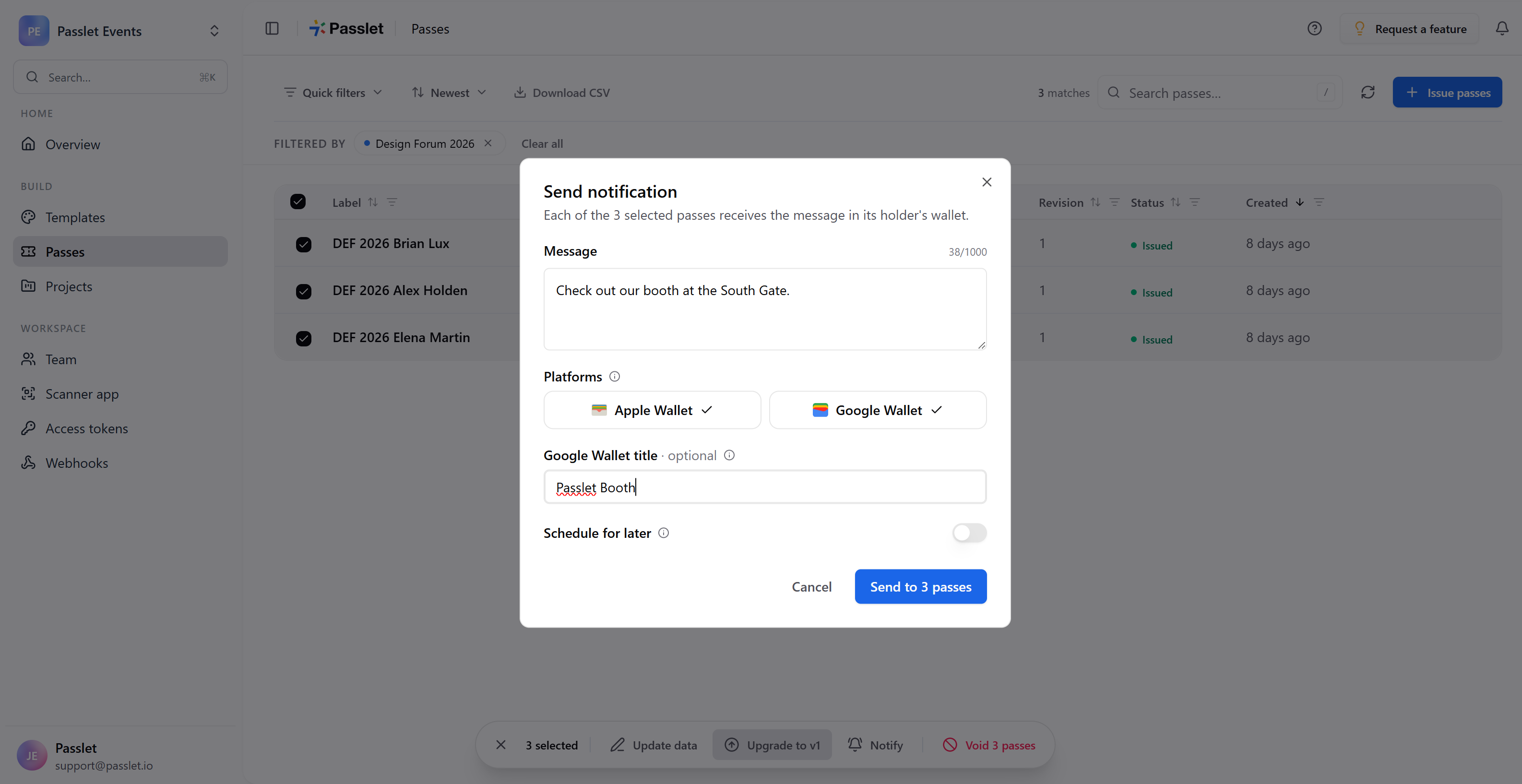 Send bulk notifications to multiple Apple Wallet and Google Wallet passes in Passlet