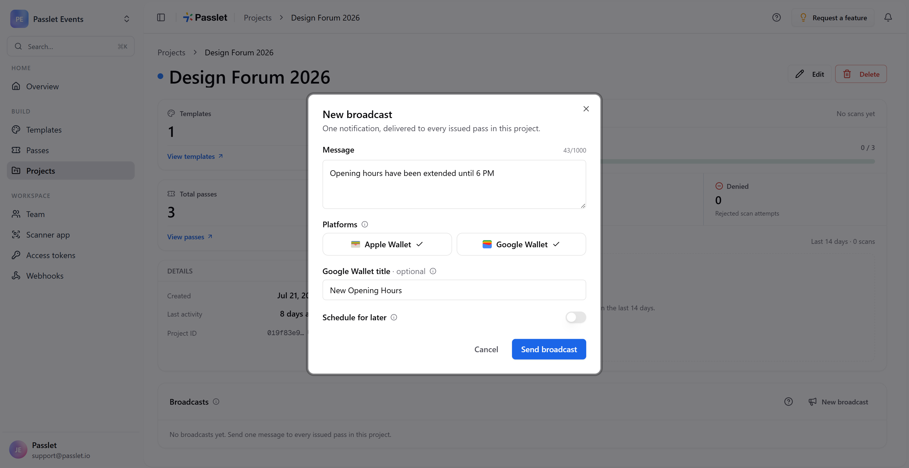 Broadcast Apple Wallet and Google Wallet notifications to all issued passes in a Passlet project