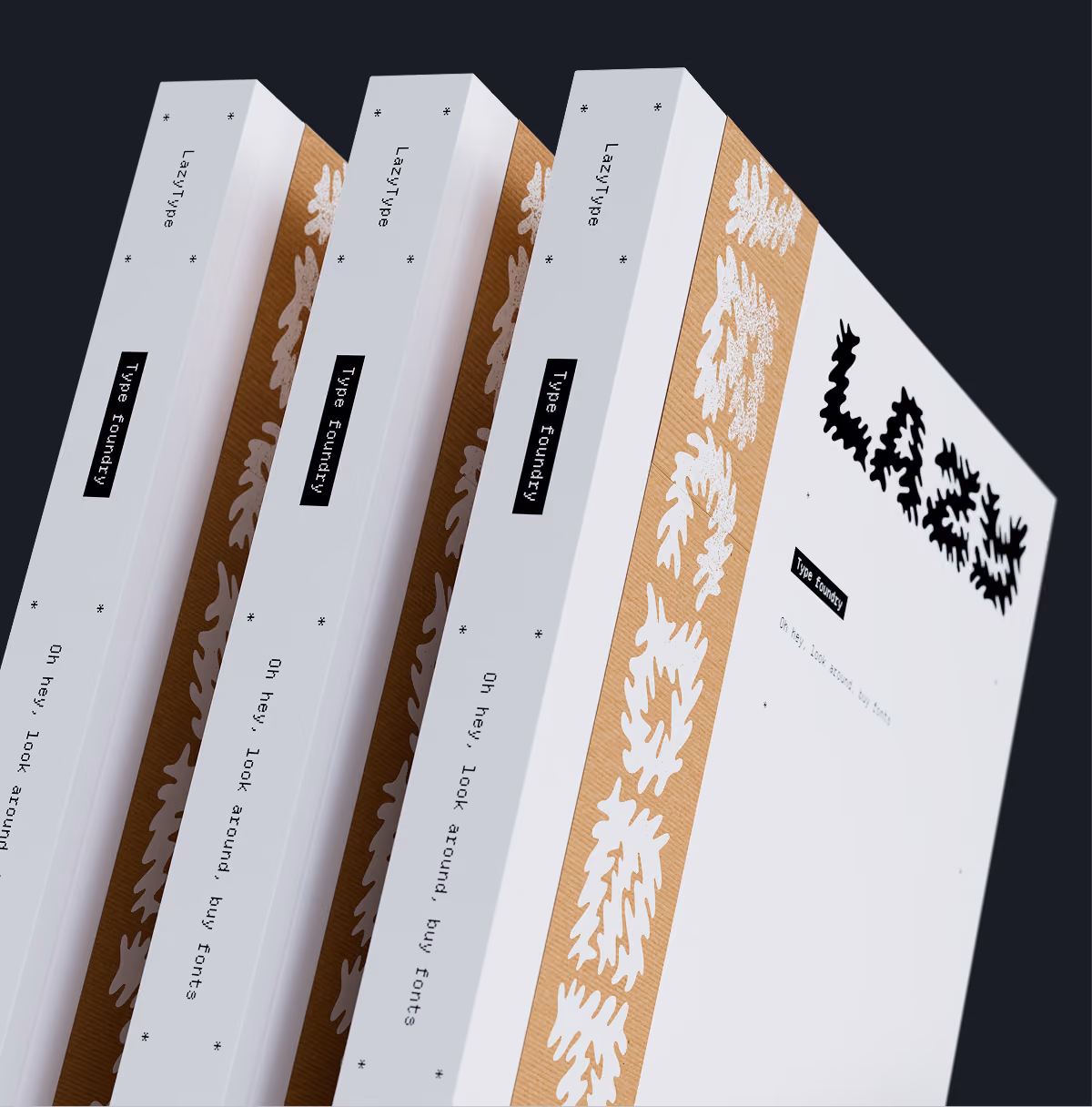 A LazyType Mockup showing three copies of a white book titled 'LazyType' with decorative brown band with white letters printed on it.