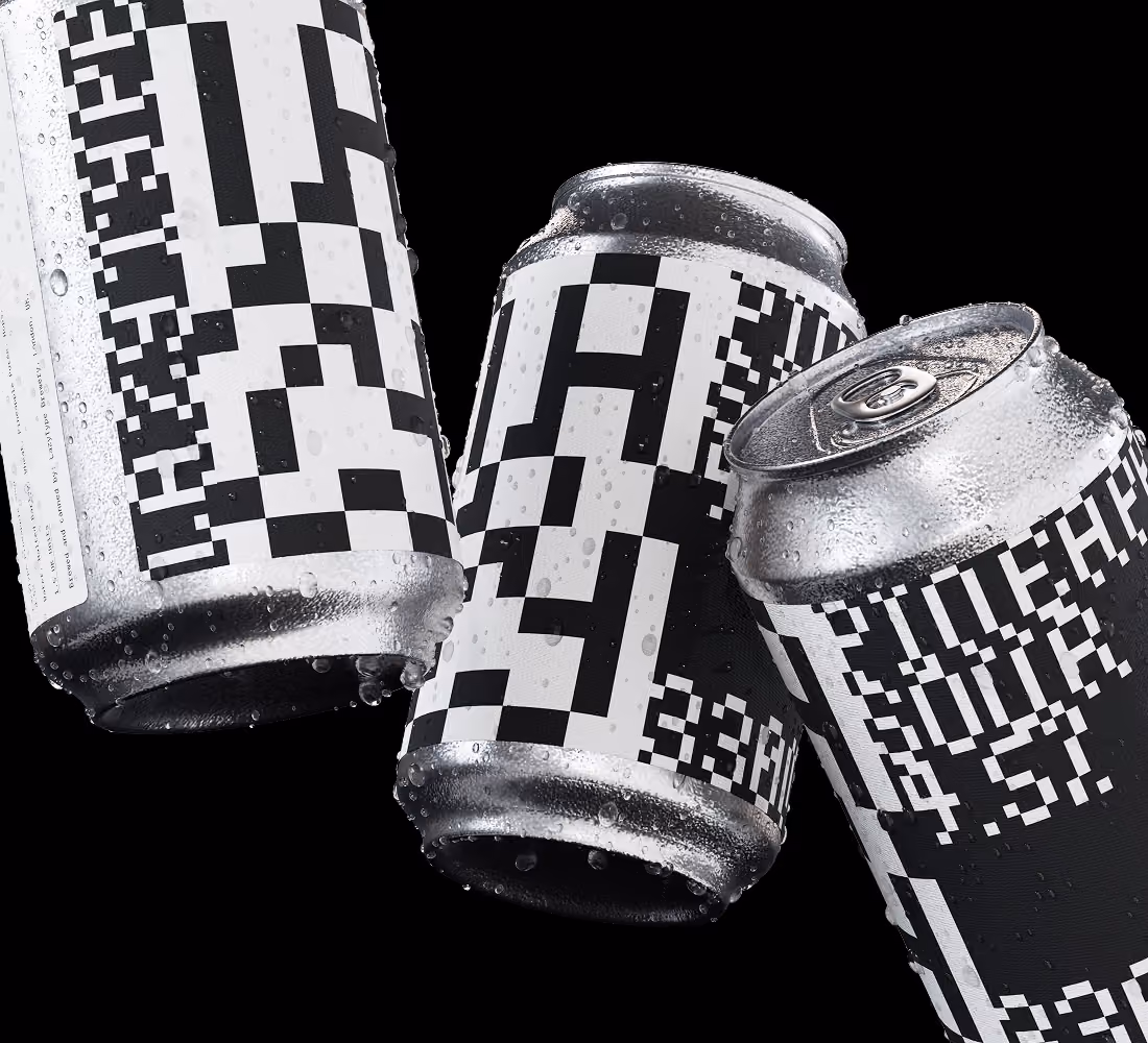A LazyType Mockup showing three chilled aluminium cans with a pixelated black and white text designs on a black background.