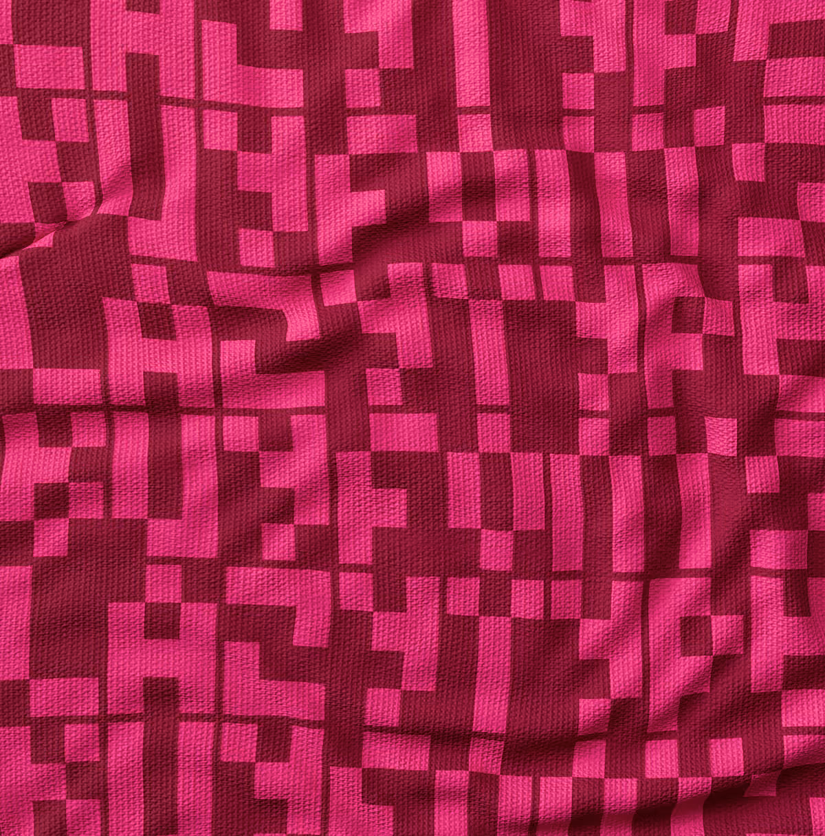 A LazyType Mockup showing a close-up of textured fabric with a pink and dark red pixel font pattern. It says LazyType, Buy Fonts.